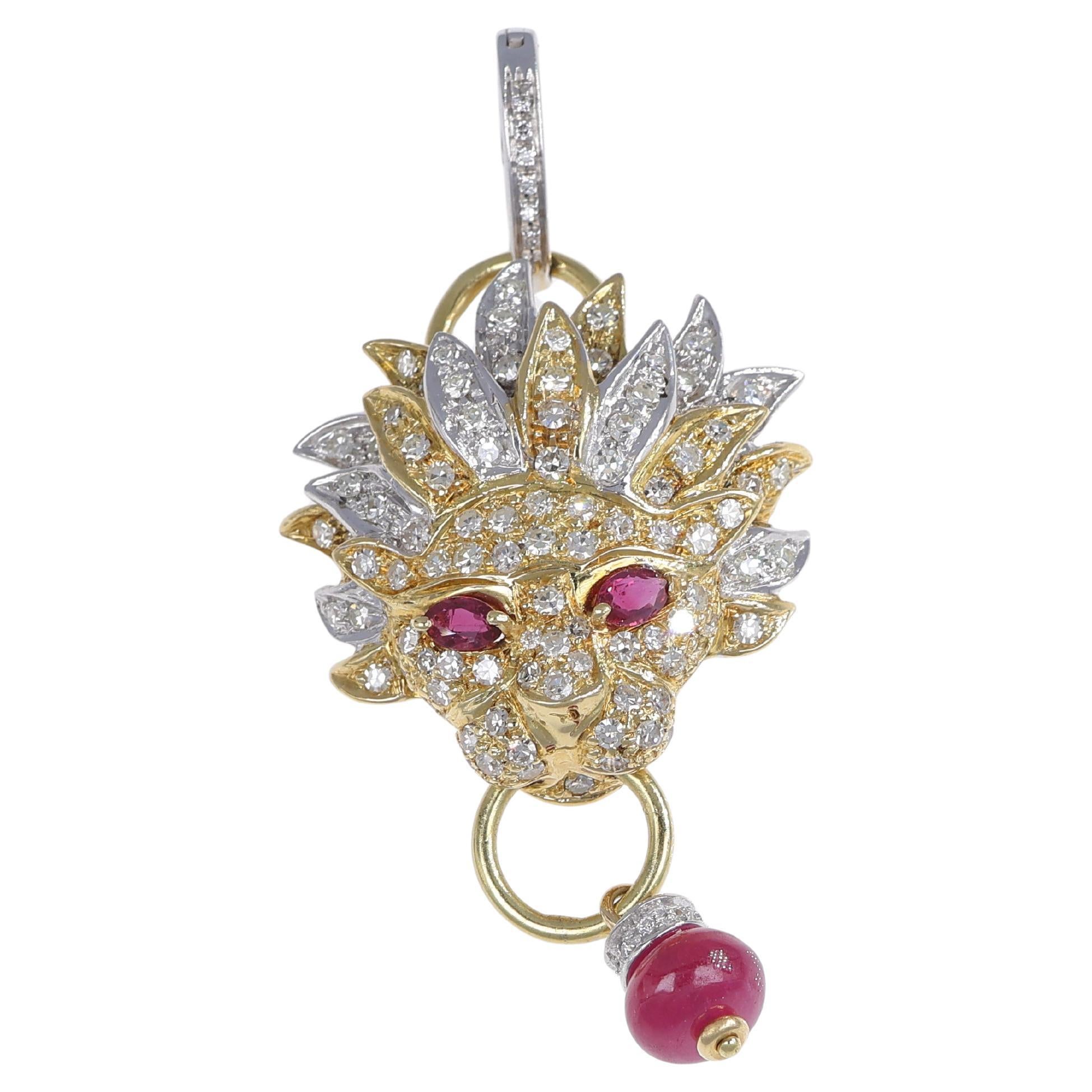 18K White and Yellow Gold Lion Pendant with Diamonds and Rubies