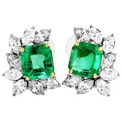 18 Karat White and Yellow Gold Marquise Diamonds and Emerald Earrings
