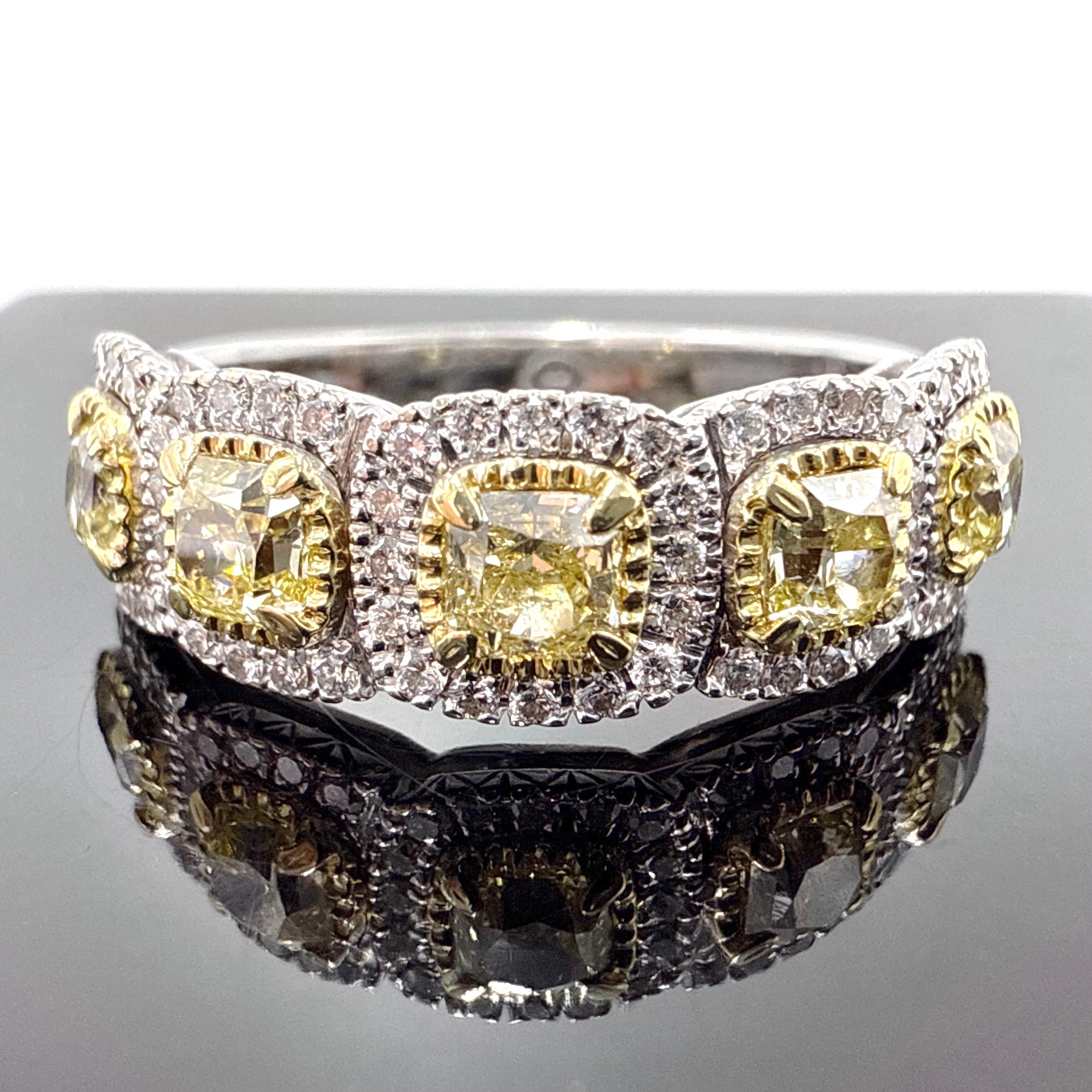 Cushion Cut 18K White and Yellow Gold Natural Fancy Yellow and White Diamond Ring 1.42TCW For Sale