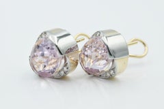 18 Karat White and Yellow Gold Oval Kunzite and Diamond Earrings