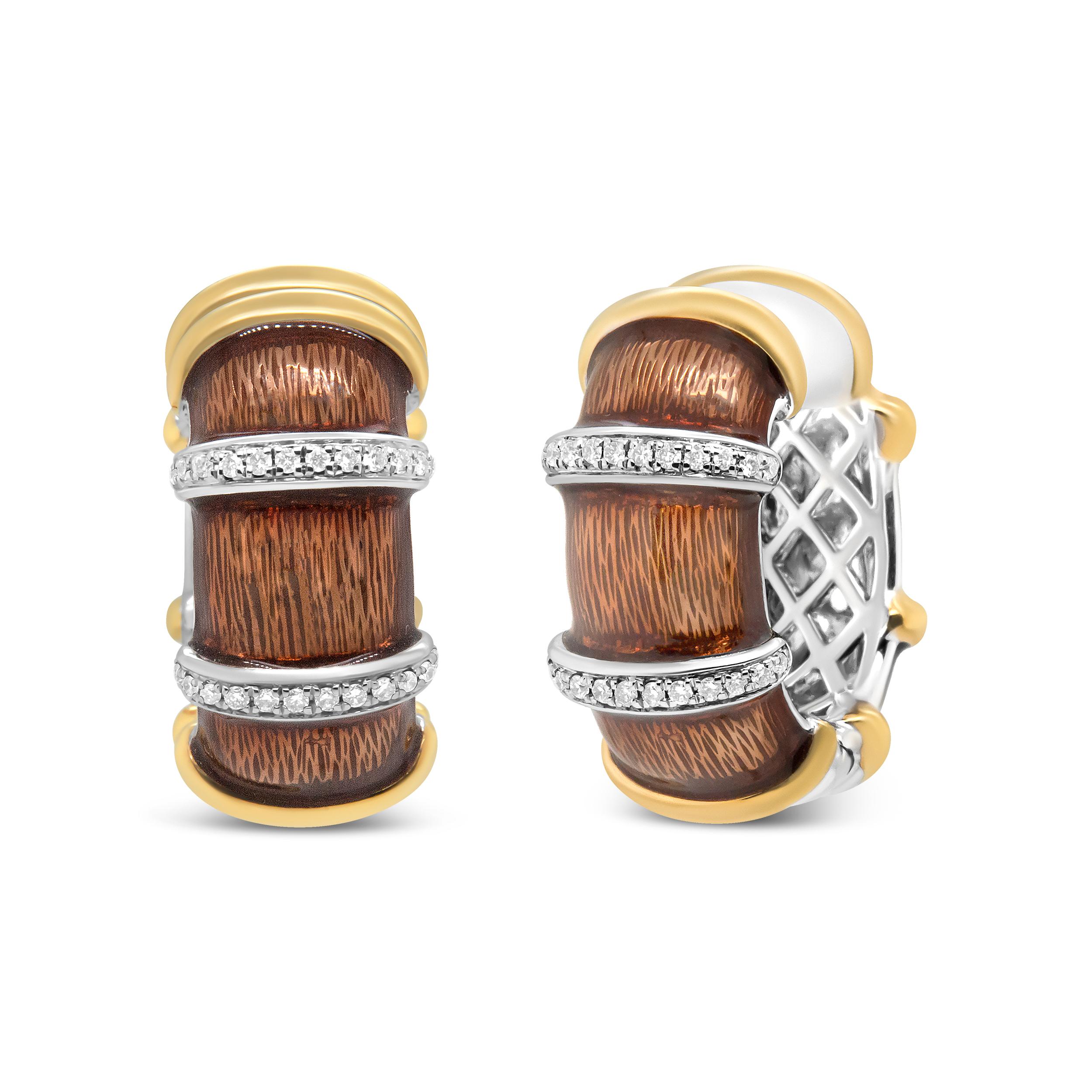 Add color to your jewelry collection with these huggie hoop earrings made from 18k yellow and white gold flash plated .925 sterling silver with clear brown enamel. These evocative earrings are rich in color as they are intricate metalwork. Rows of
