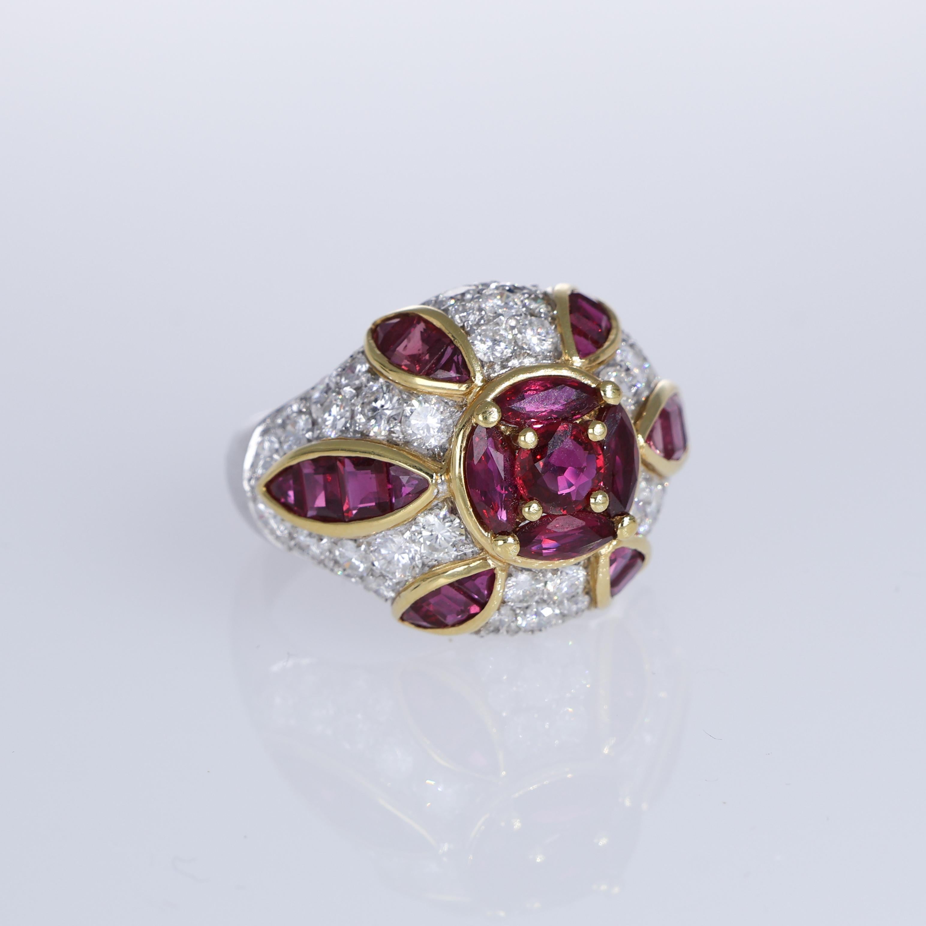 Brilliant Cut 18K White and Yellow Gold Ruby Ring with Diamond Pavé and Floral Design For Sale