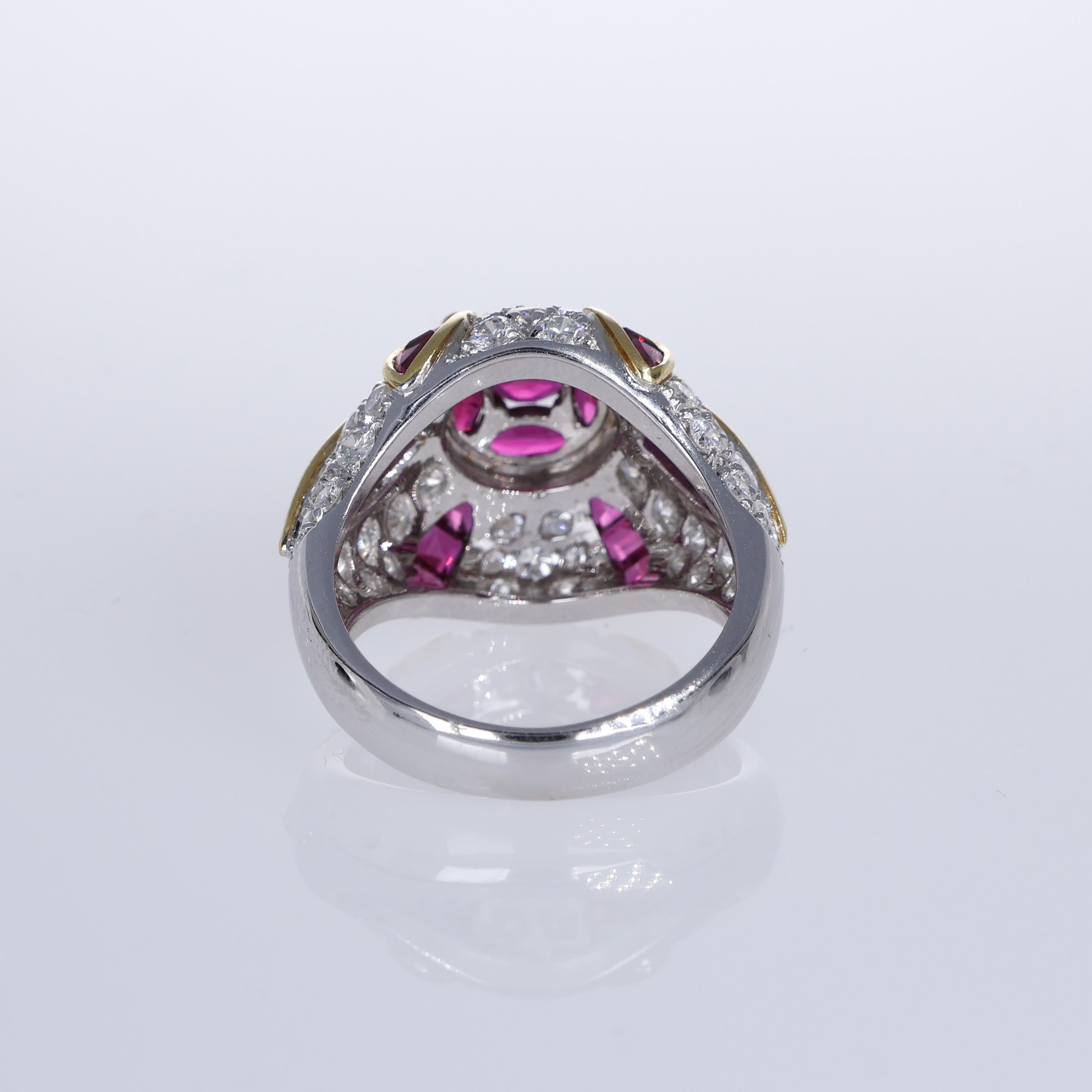 Women's or Men's 18K White and Yellow Gold Ruby Ring with Diamond Pavé and Floral Design For Sale