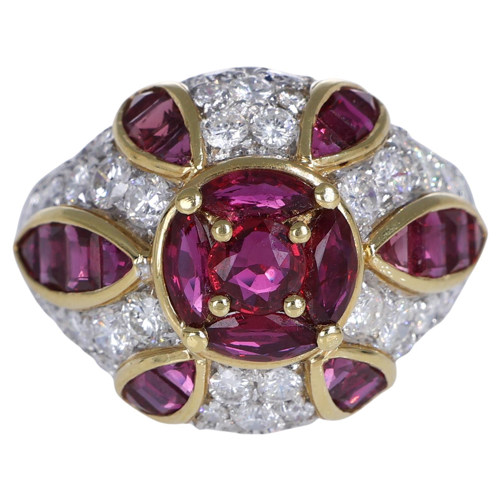 18K White and Yellow Gold Ruby Ring with Diamond Pavé and Floral Design