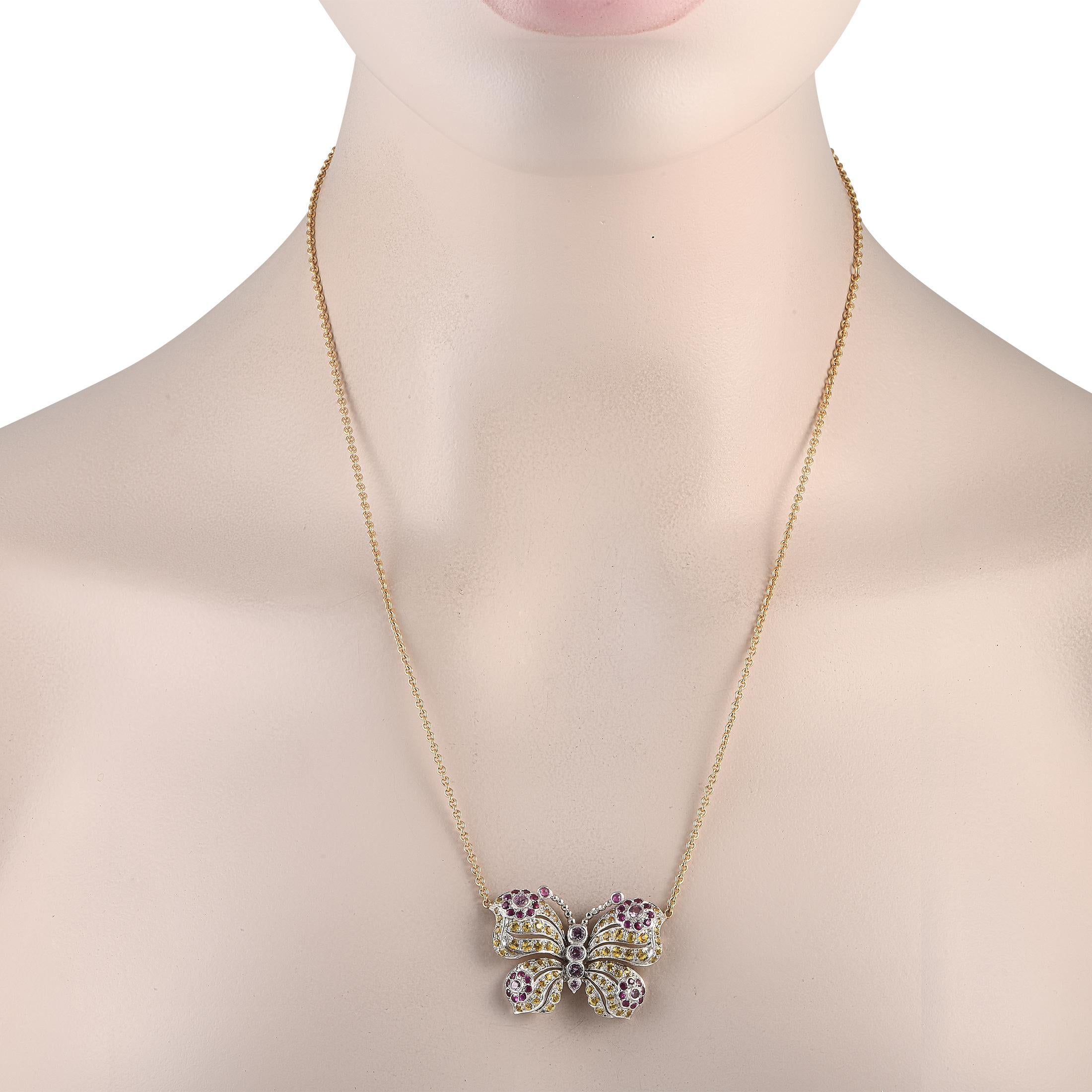 This exquisite necklace endlessly charming. Suspended at the center of a 20 chain made from 18K yellow gold, youll find a darling 18K white gold butterfly pendant measuring 1.0 long by 1.50 wide. An array of pink, purple, and yellow inset sapphires