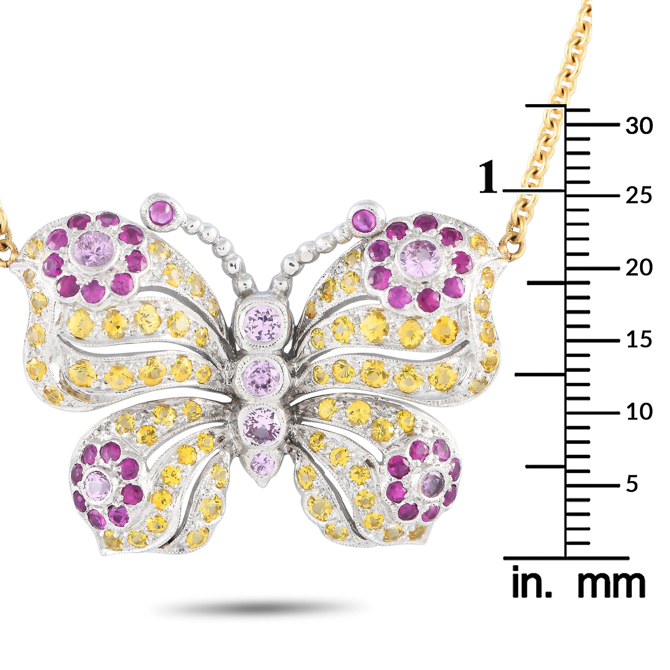 18K White and Yellow Gold Sapphire Butterfly Necklace In Excellent Condition For Sale In Southampton, PA