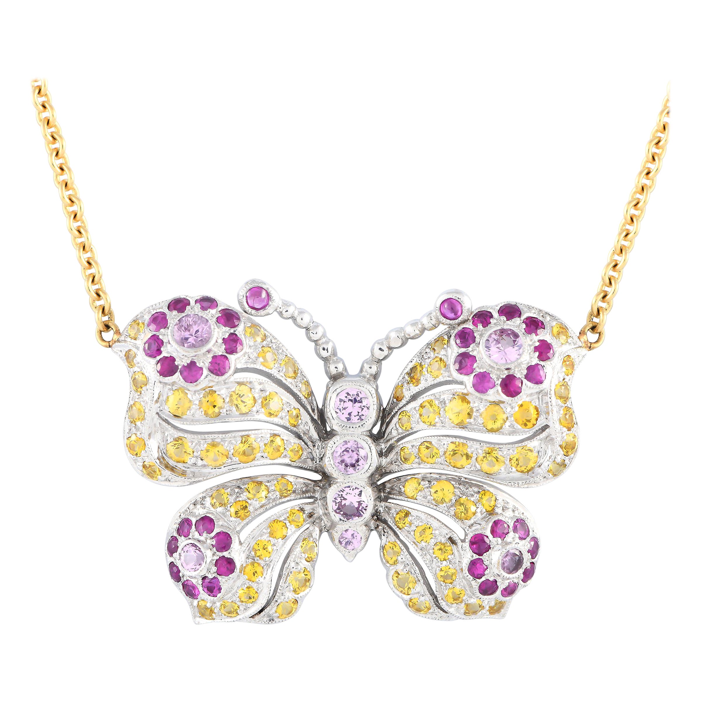 18K White and Yellow Gold Sapphire Butterfly Necklace