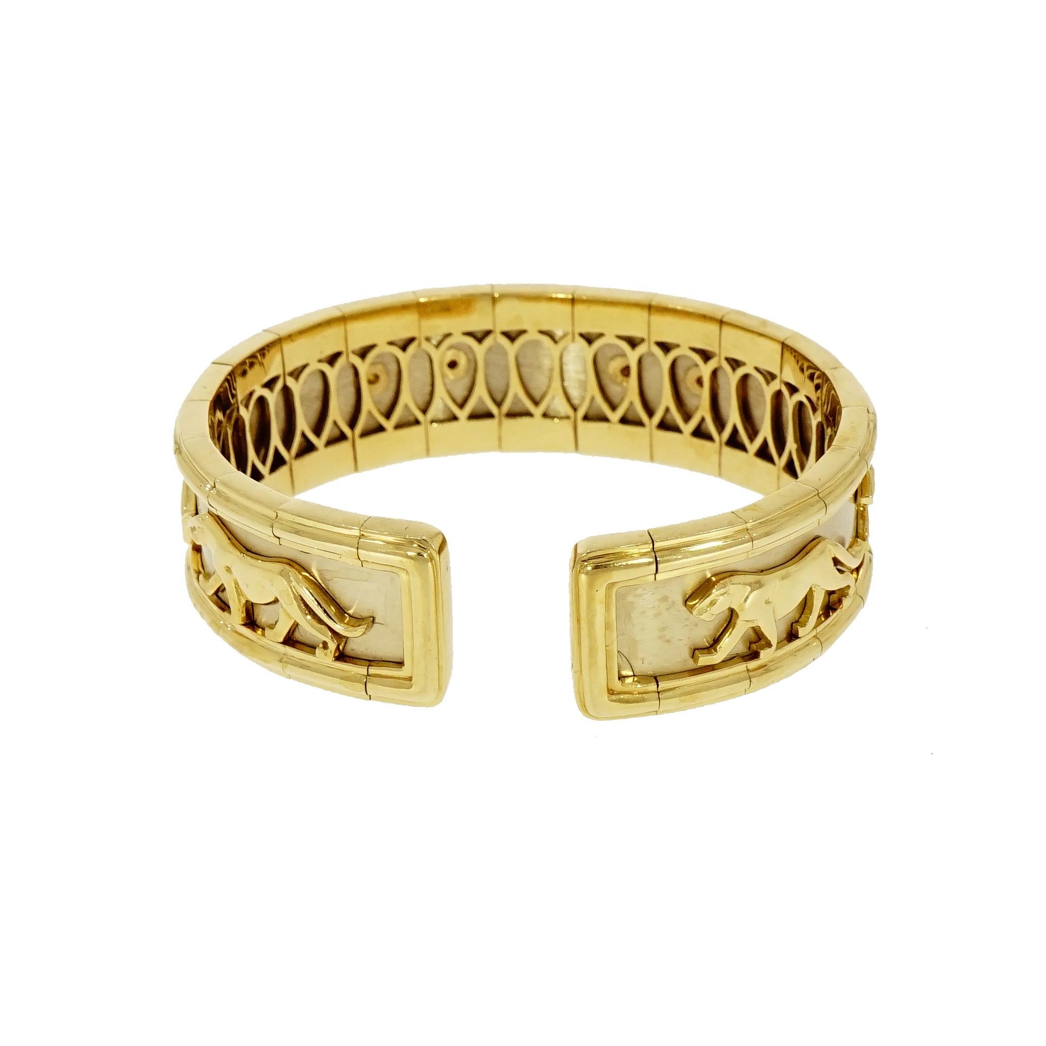 Modern 18 Karat White and Yellow Gold Solid Panther Cuff Bracelet