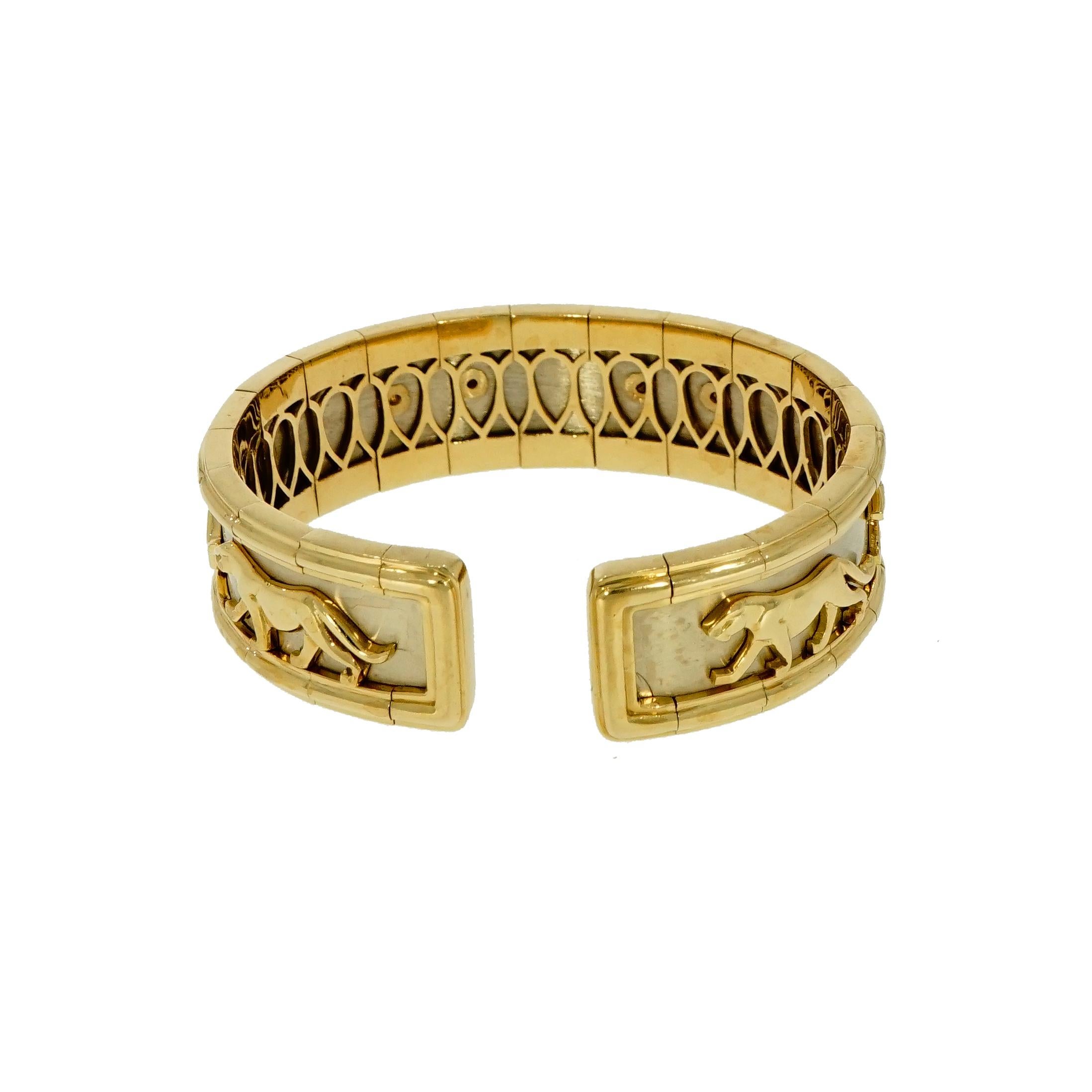 18 Karat White and Yellow Gold Solid Panther Cuff Bracelet In Good Condition In Greenwich, CT