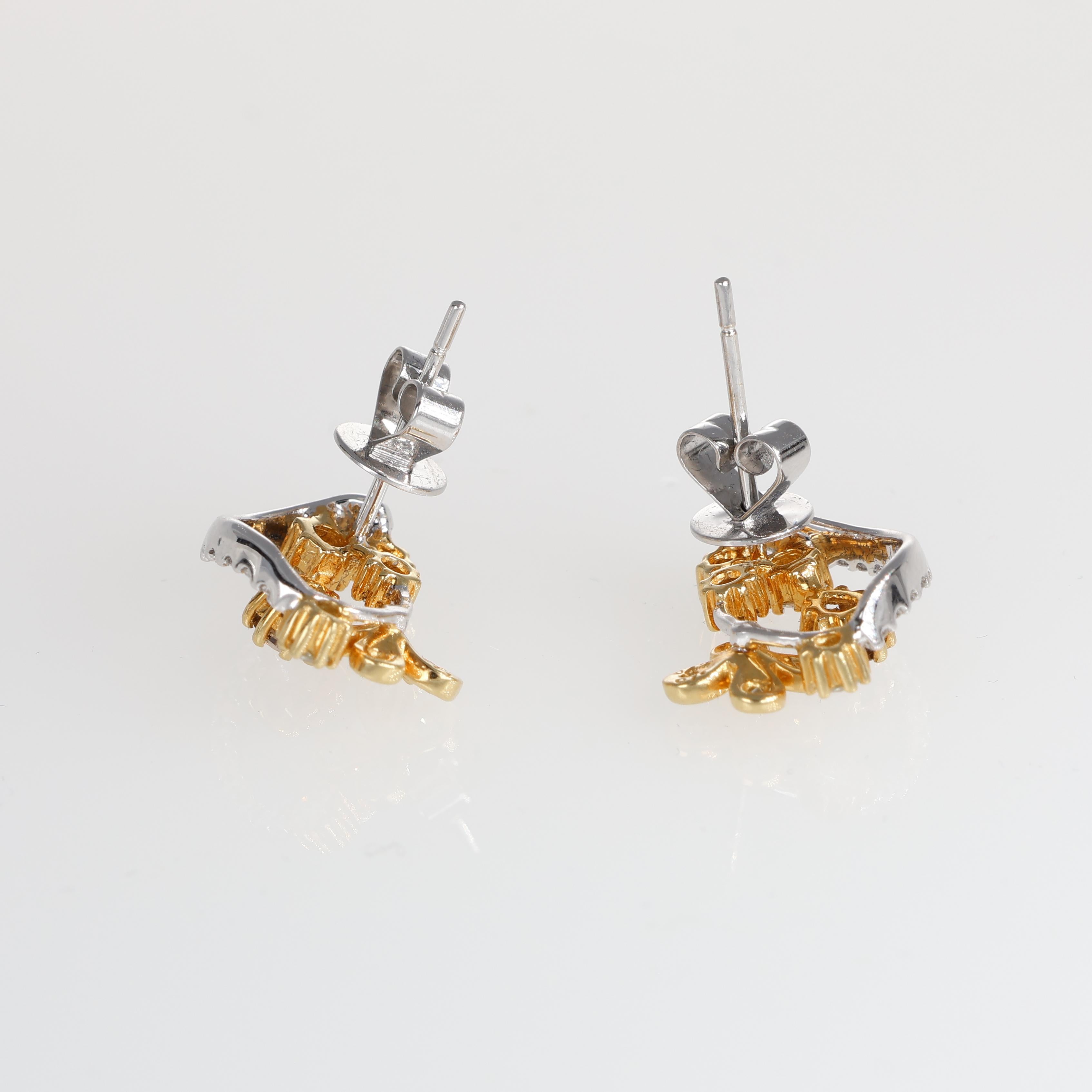 Brilliant Cut 18K White and Yellow Gold Stud Earrings with Natural White Diamonds For Sale
