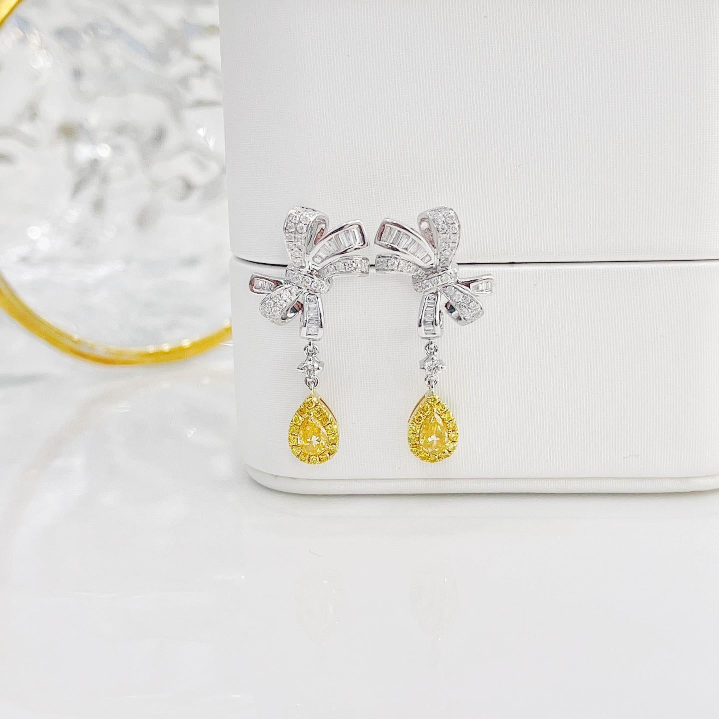 Mixed Cut 18K White and Yellow Gold Teardrop Bow Earrings with Yellow and White Diamonds For Sale