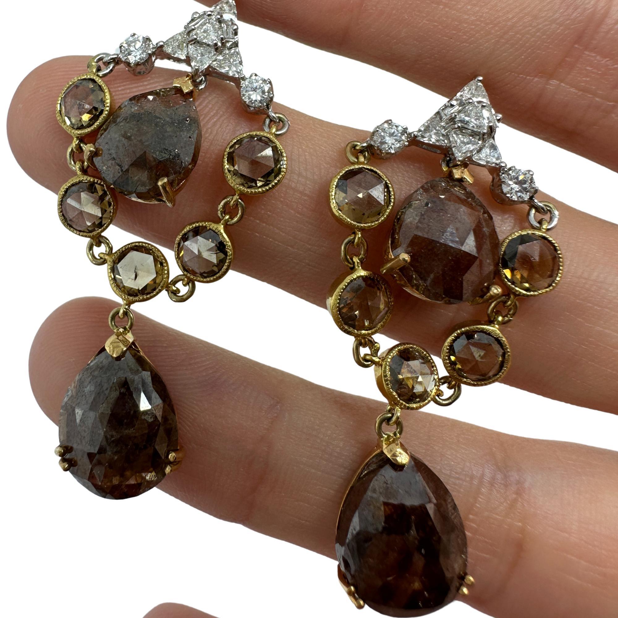 Boucles d'oreilles pendantes en or blanc et jaune 18k avec diamant taillé en rose et brun Pour femmes en vente