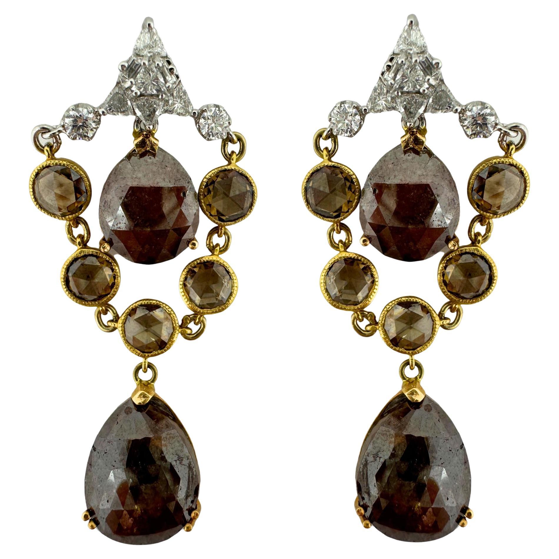 18k White and Yellow Gold White and Brown Rose Cut Diamond Drop Earrings