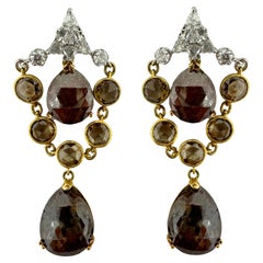 18k White and Yellow Gold White and Brown Rose Cut Diamond Drop Earrings