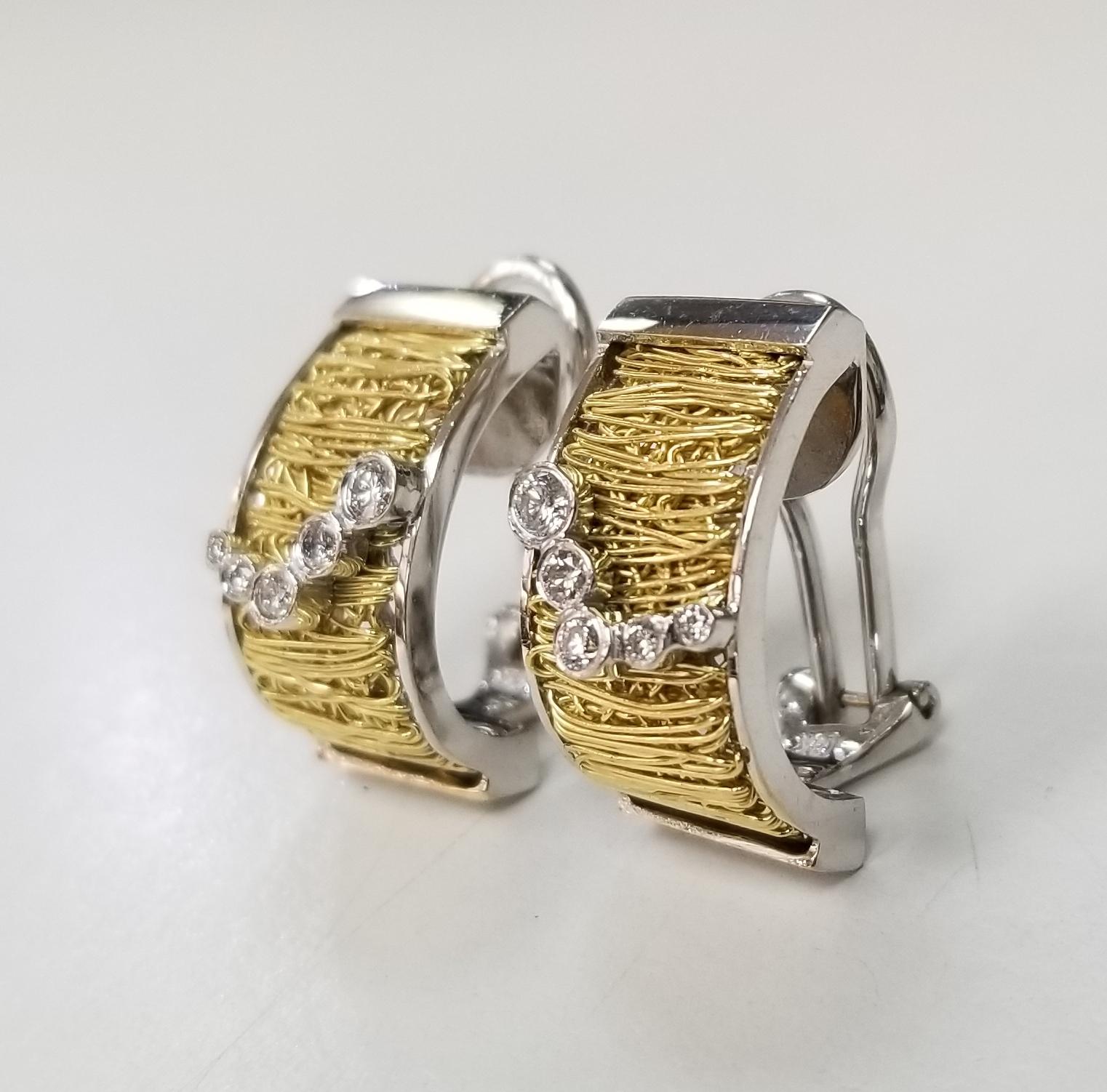Pasquale Bruni 18k white and yellow gold wire diamond earrings with a right and left earring.
    
Specifications:
    main stone: ROUND CUT DIAMONDS
    diamonds: 10 PCS
    carat total weight: APPROXIMATELY 0.30CTW
    color: F
    clarity: VS
   