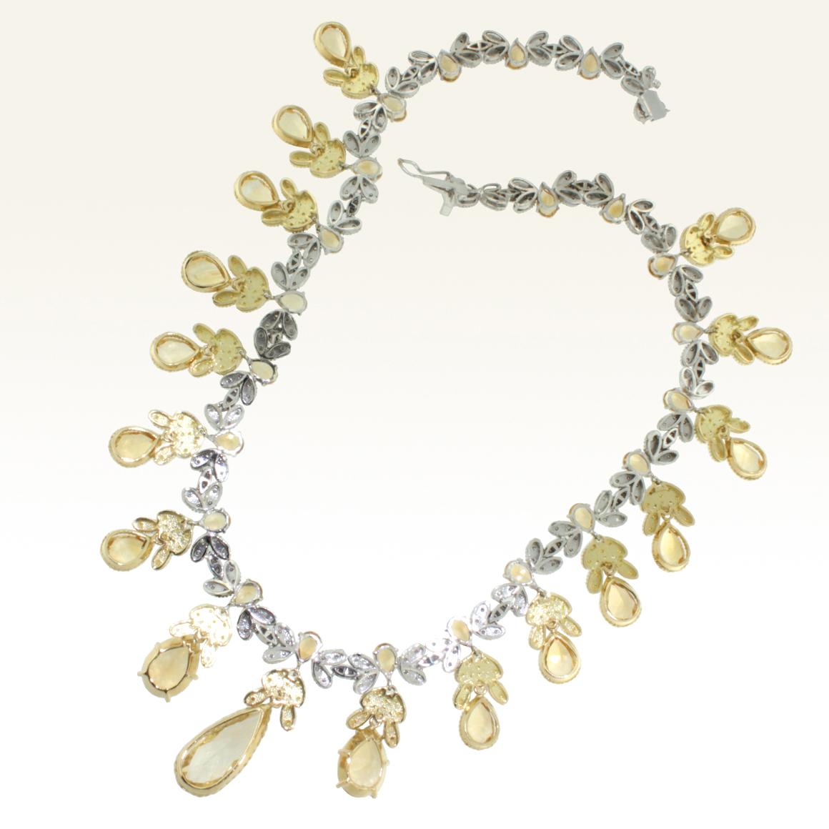 Mixed Cut 18 Karat White and Yellow Gold with Citrines and White Diamonds Necklace
