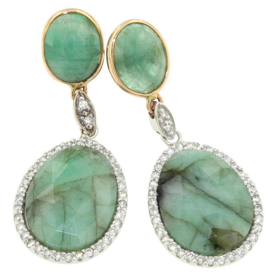 18 Karat White and Yellow Gold with Emerald and White Diamonds Earrings