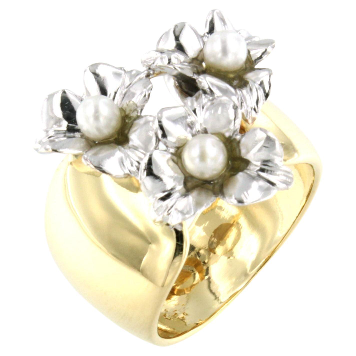 18k White and Yellow Gold with White Pearls Amazing Fashion Modern Cocktail Ring For Sale