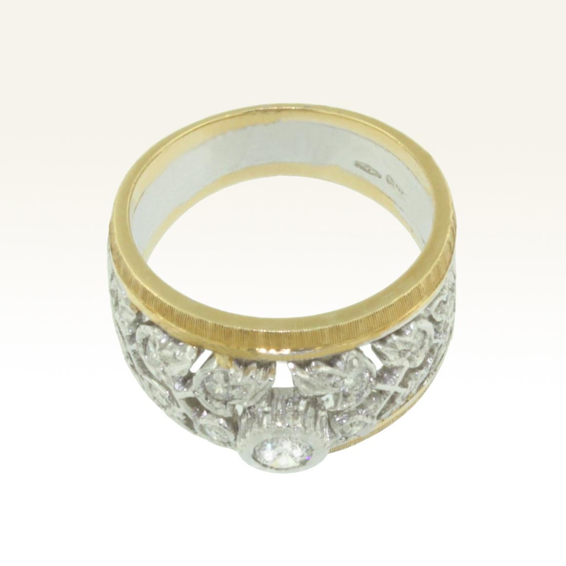 Baroque 18 Karat White and Yellow Gold with White Diamond Ring For Sale