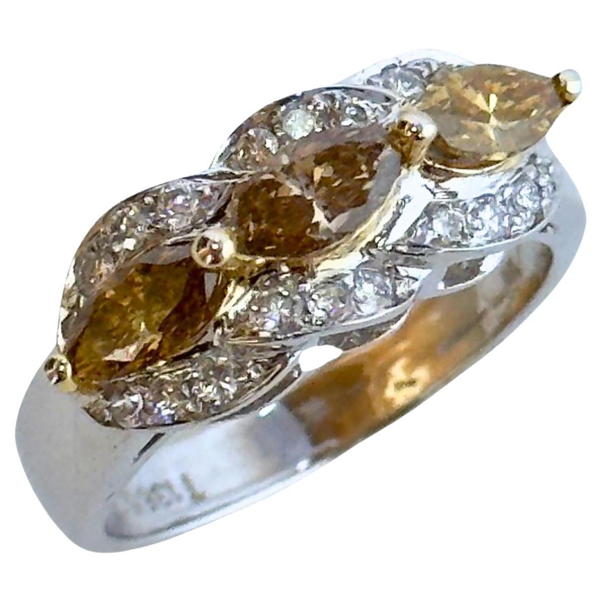 18k White and Yellow Marquise Diamond Ring For Sale