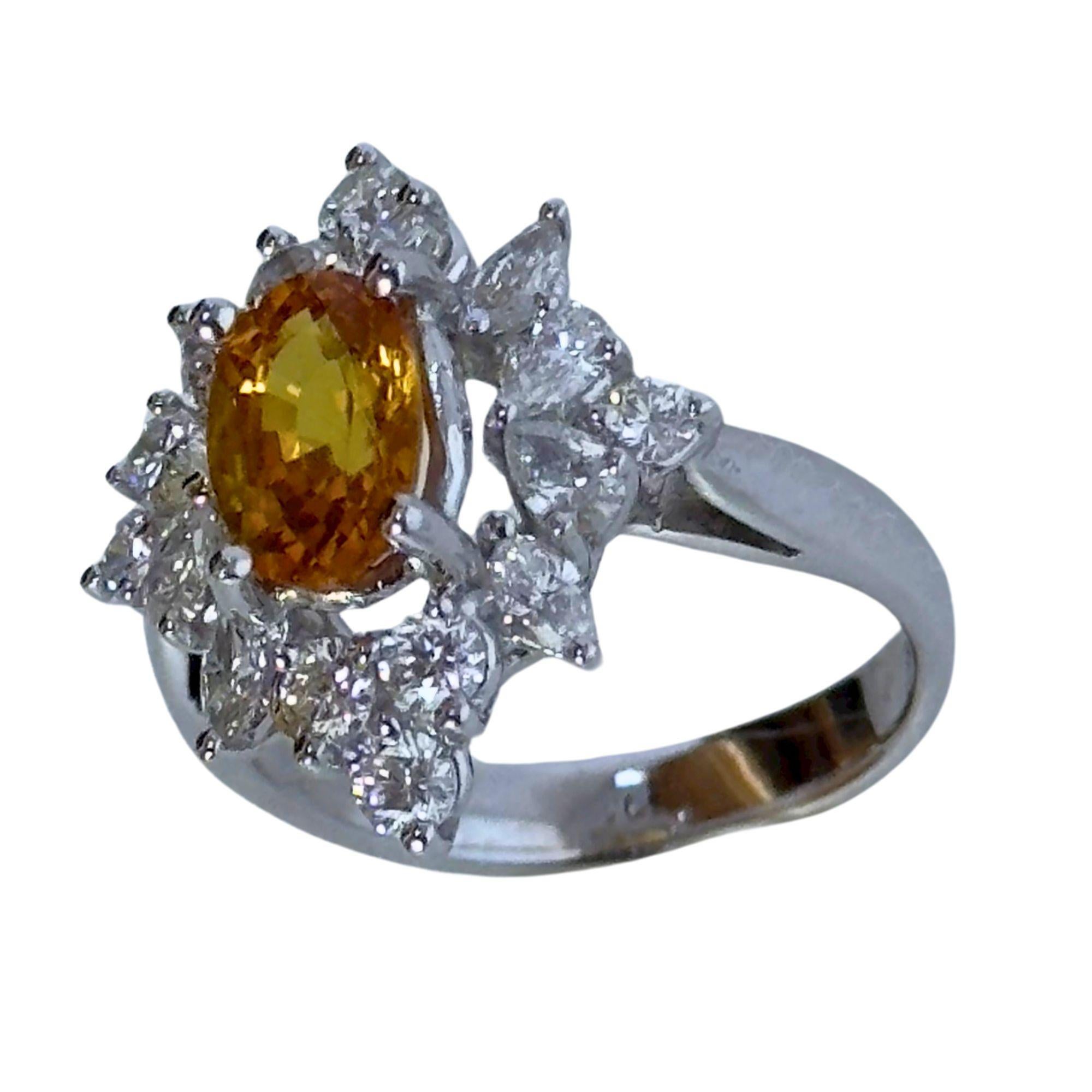 Capture the essence of a sunlit glow with our 18k White and Yellow Sapphire Ring. Weighing 5.99 grams and sized at 6.25, this captivating piece features a central 1.62-carat yellow sapphire, radiating warmth like the sun. Encircled by white diamonds