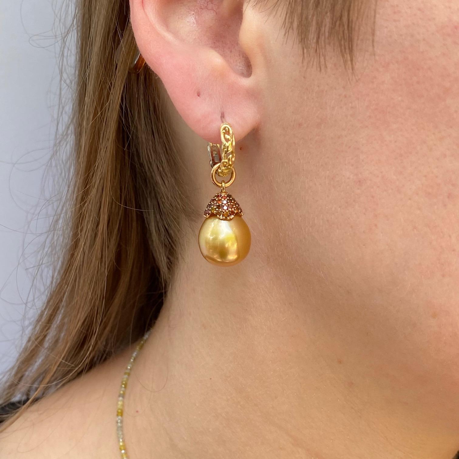Contemporary 18 Karat White and Yellow Scroll Hoops with South Sea Golden Pearl Jackets For Sale