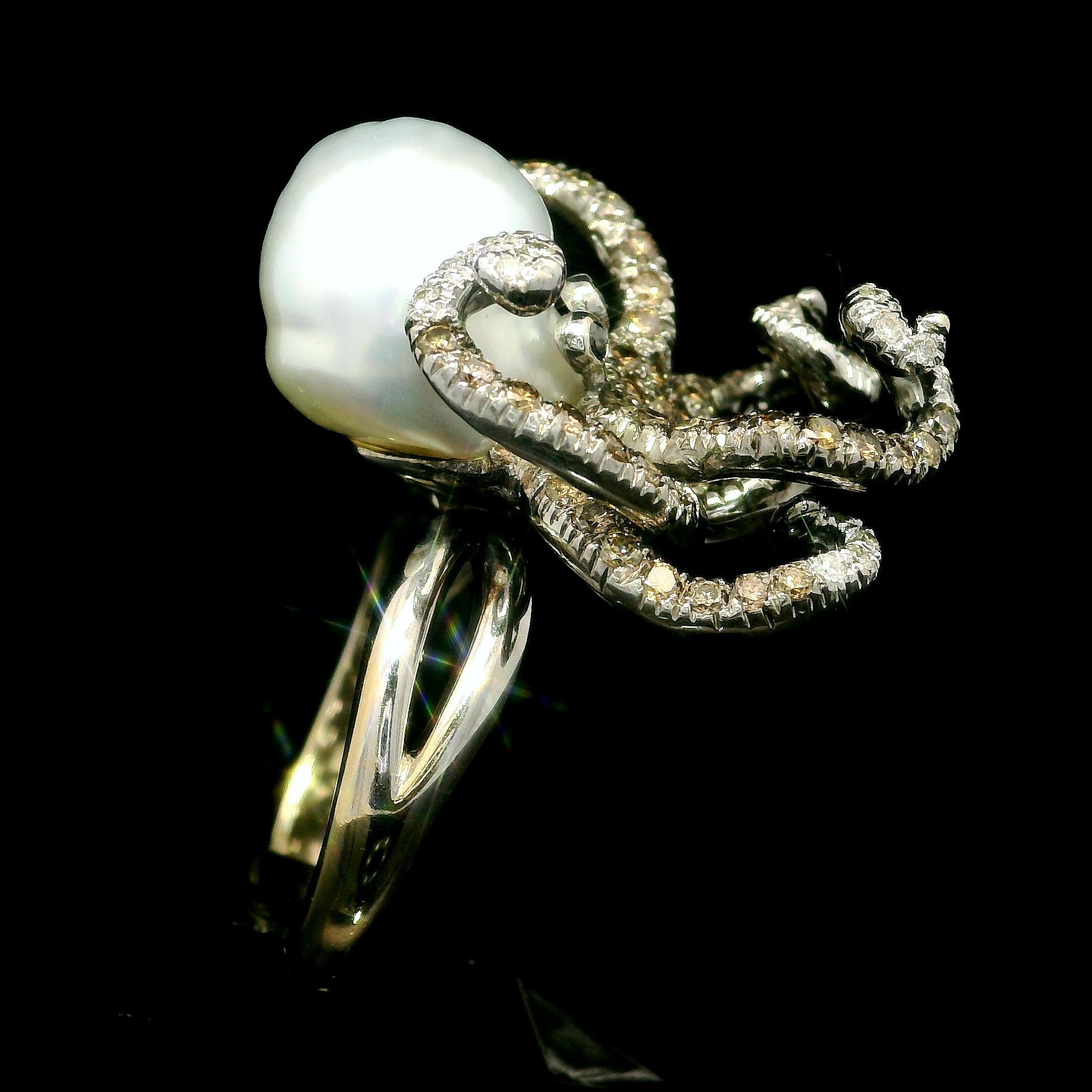 18k White & Blackened Gold Pearl and Fancy Diamond Octopus Squid Cocktail Ring 2