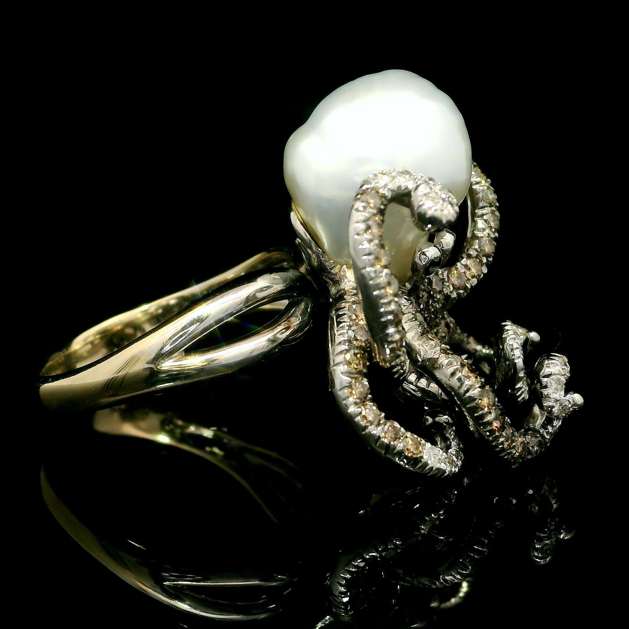 Round Cut 18k White & Blackened Gold Pearl and Fancy Diamond Octopus Squid Cocktail Ring