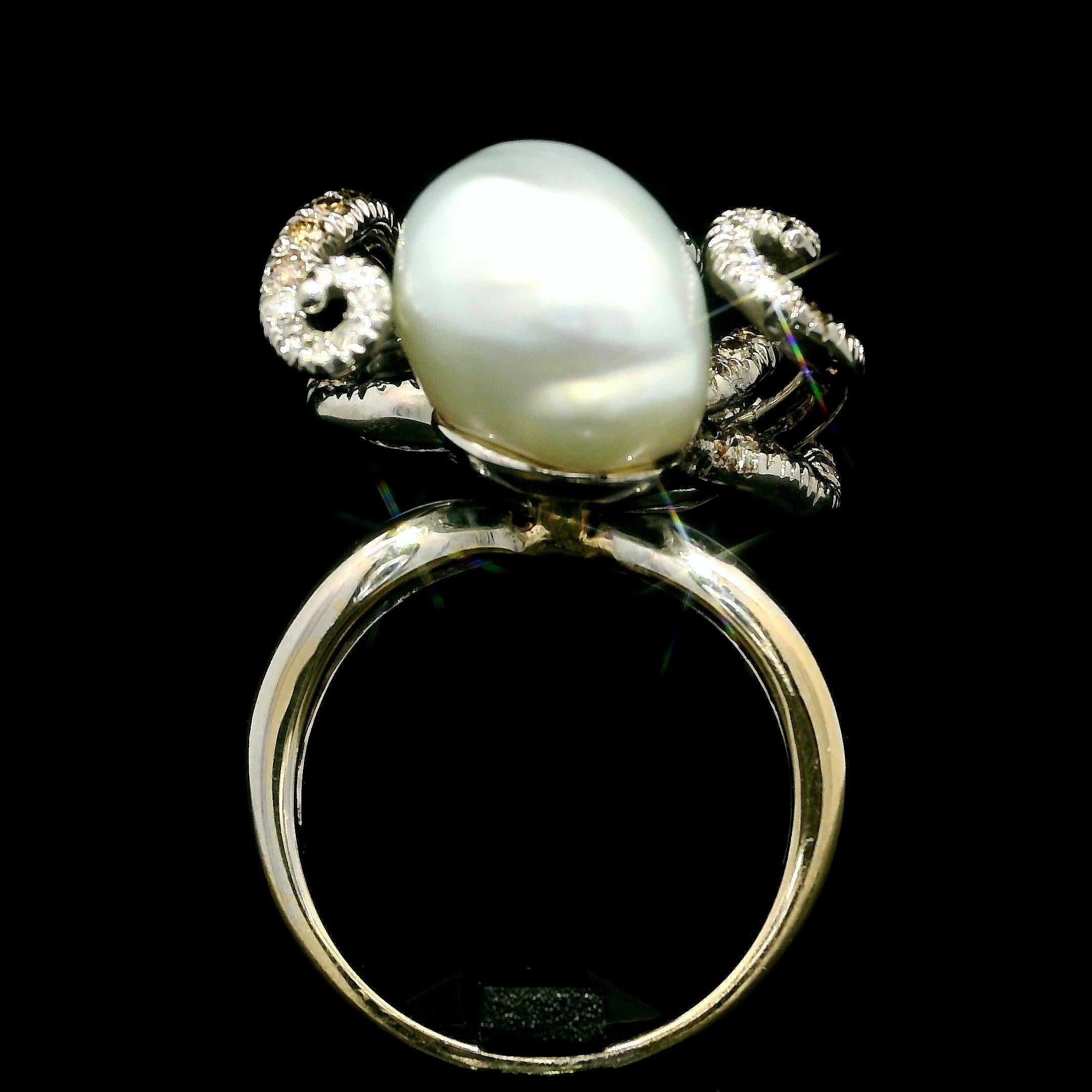 Women's 18k White & Blackened Gold Pearl and Fancy Diamond Octopus Squid Cocktail Ring