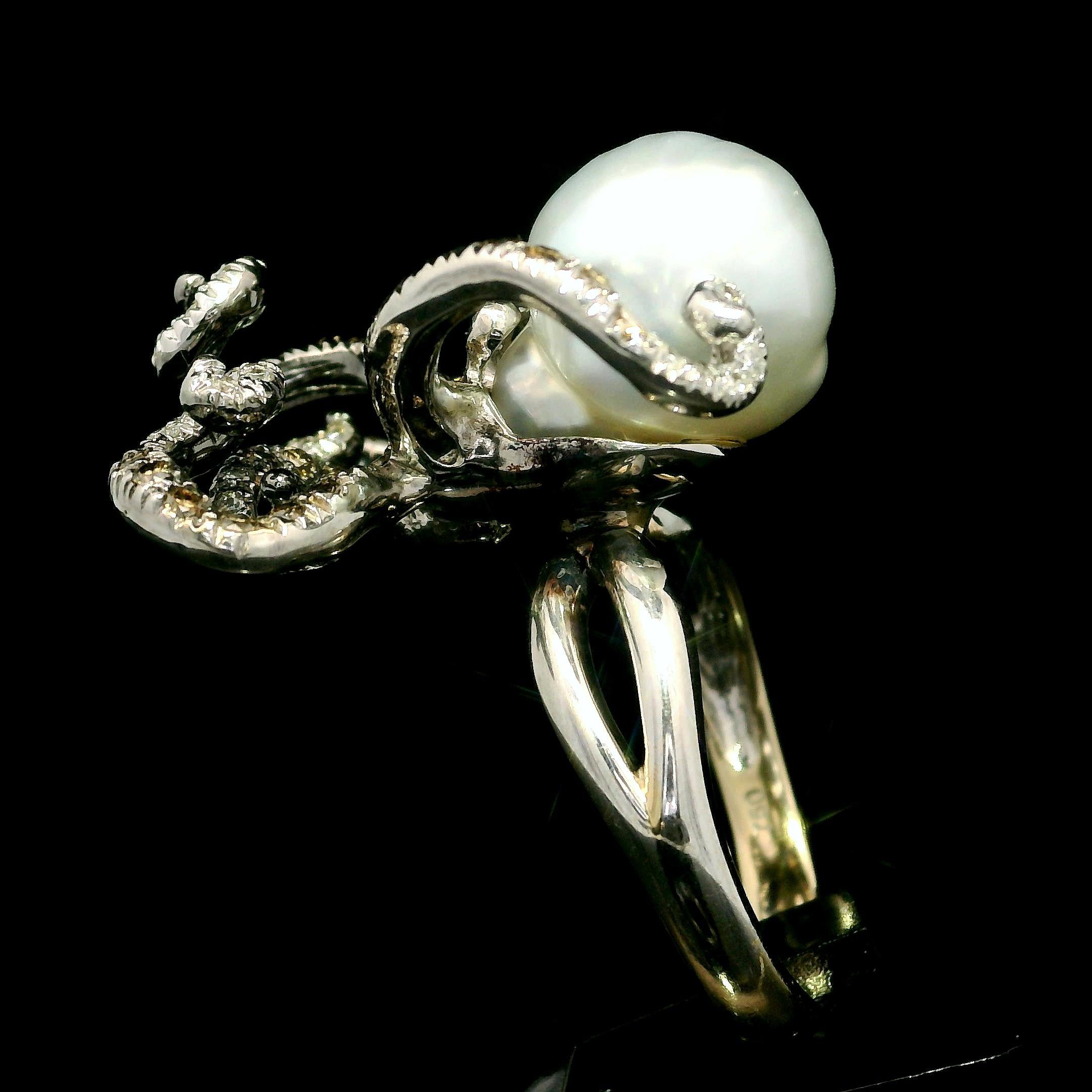 18k White & Blackened Gold Pearl and Fancy Diamond Octopus Squid Cocktail Ring 1