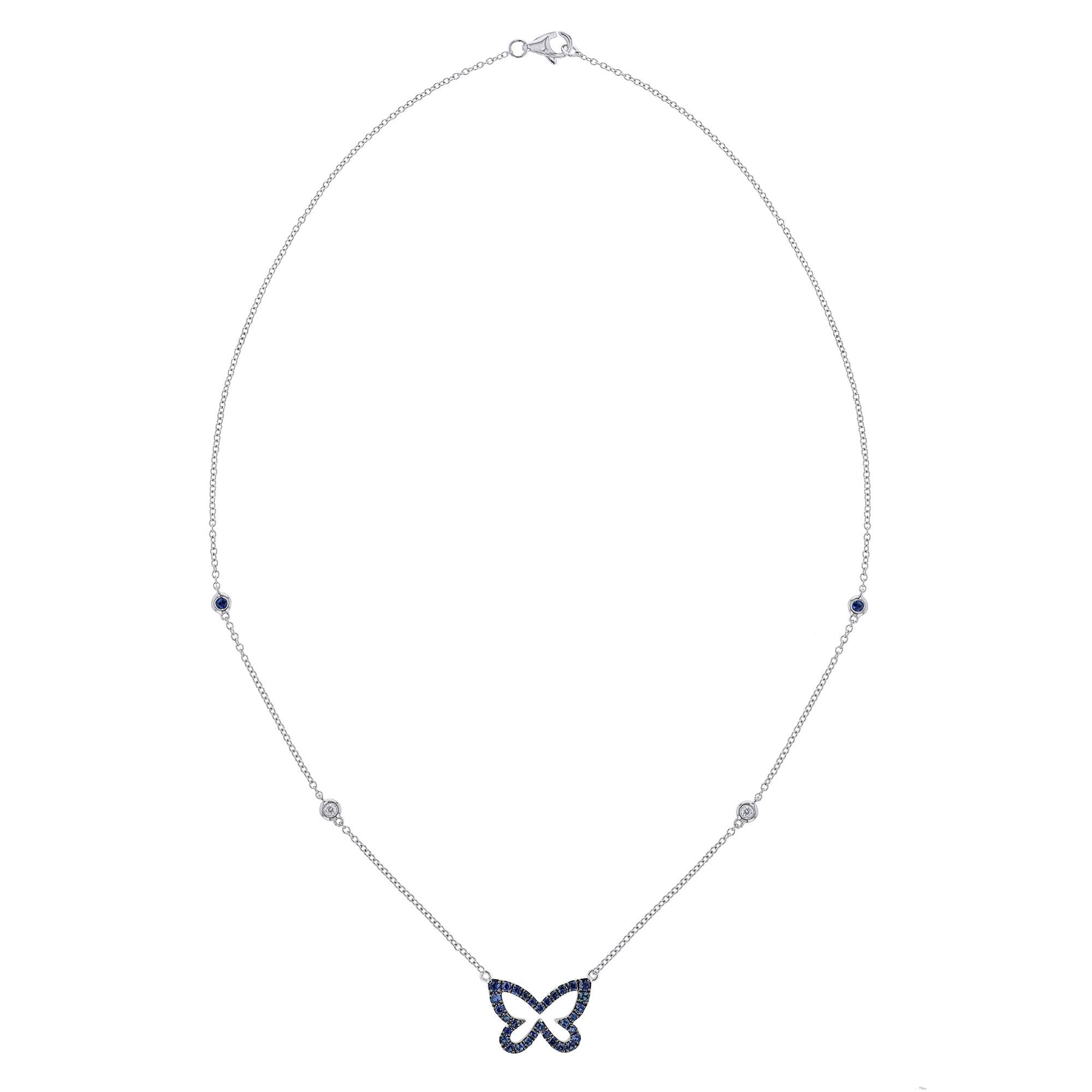 Modern 18K White Blue Sapphire Diamond Butterfly Necklace For Sale