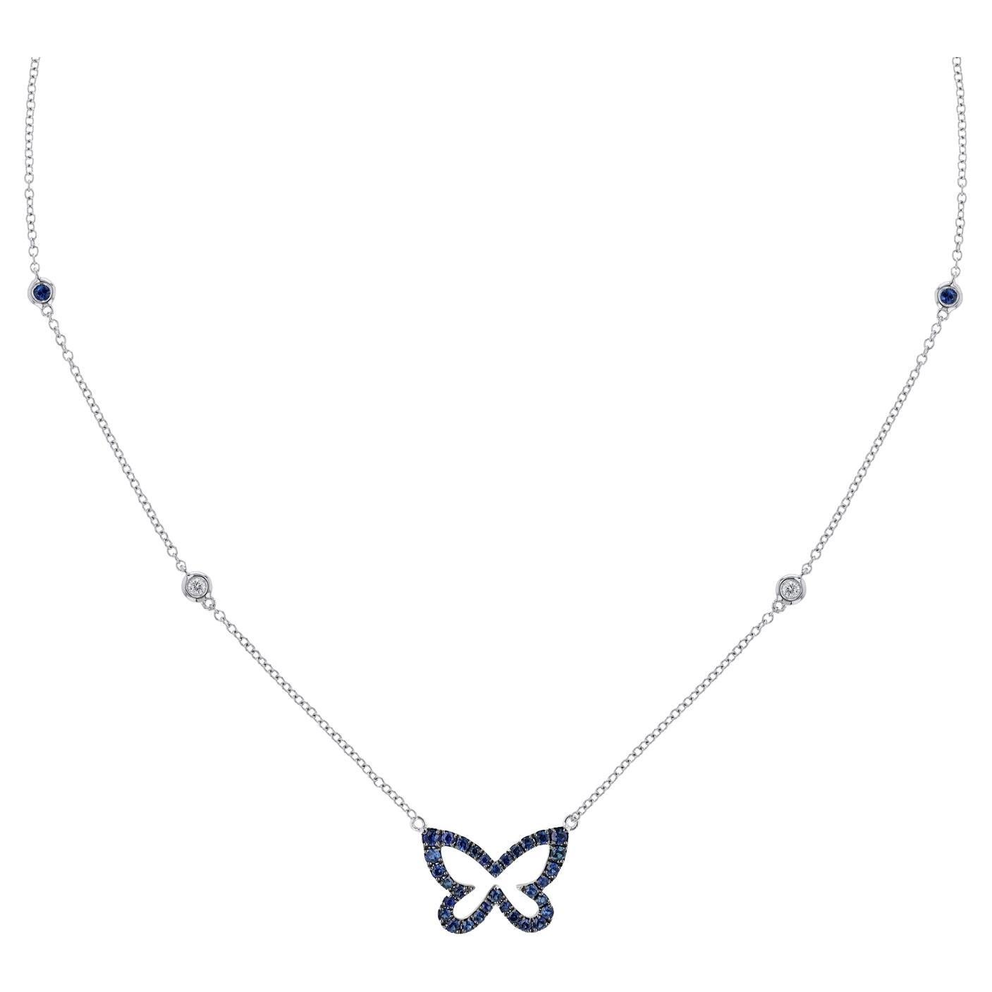 18K White Blue Sapphire Diamond Butterfly Necklace