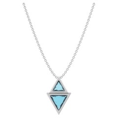 18K White Brushed Gold, Trillion Cut 5.27 Carats Blue Topaz Pendant with Chain