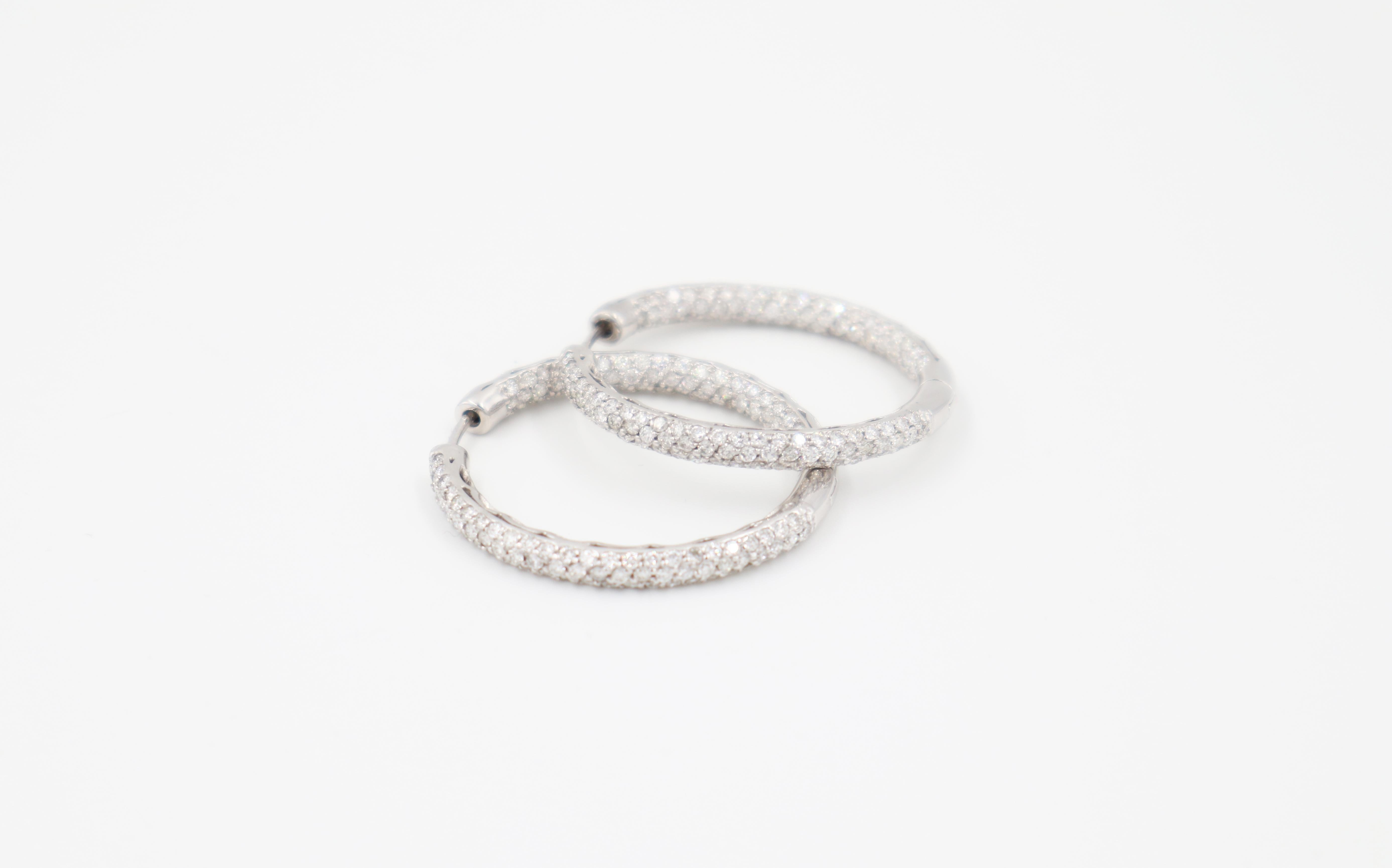 Women's 18k White Diamond Hoop  Earrings For Sale