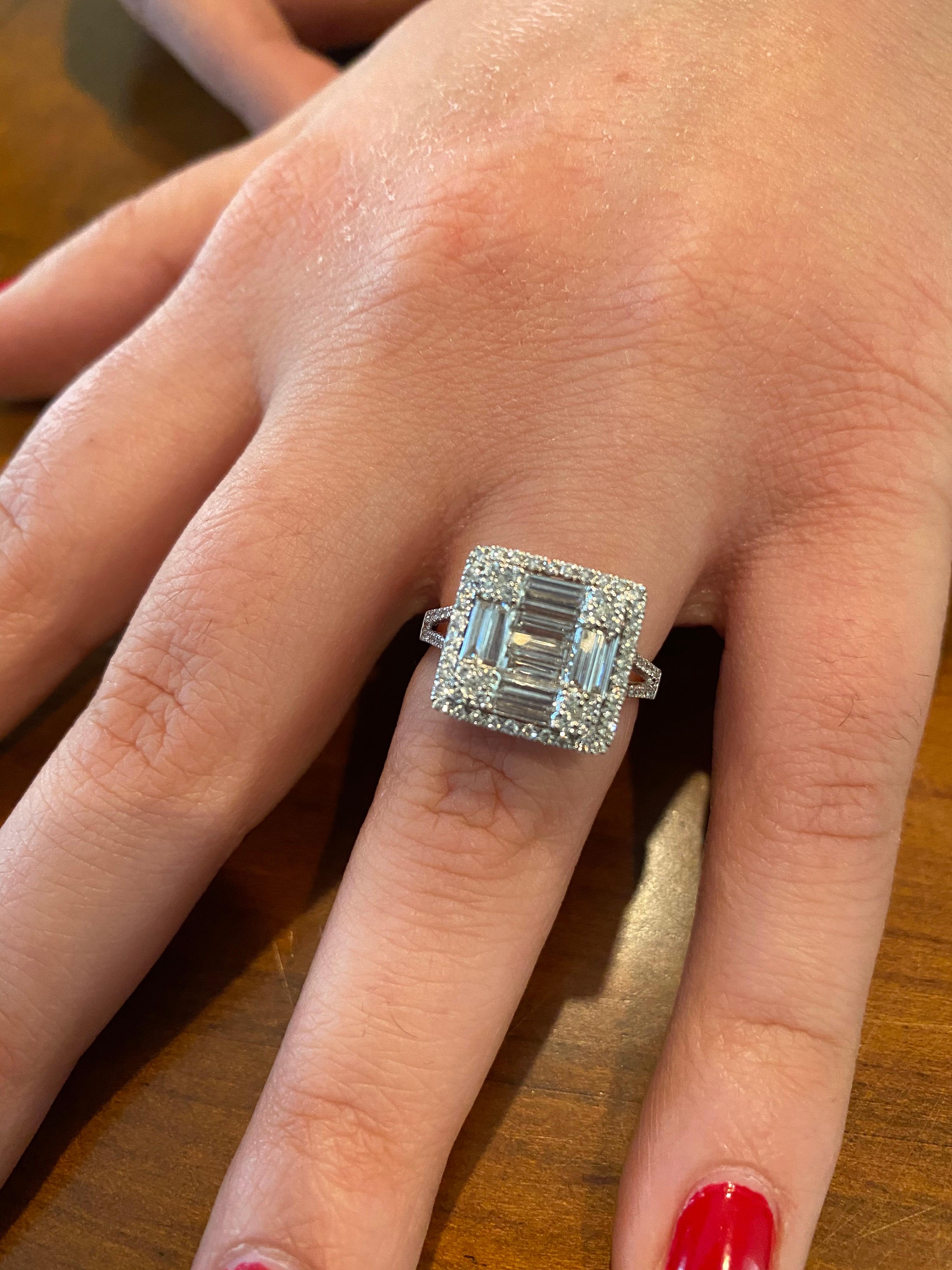 Baguette Cut 18 Karat White Emerald Cut Diamond Ring