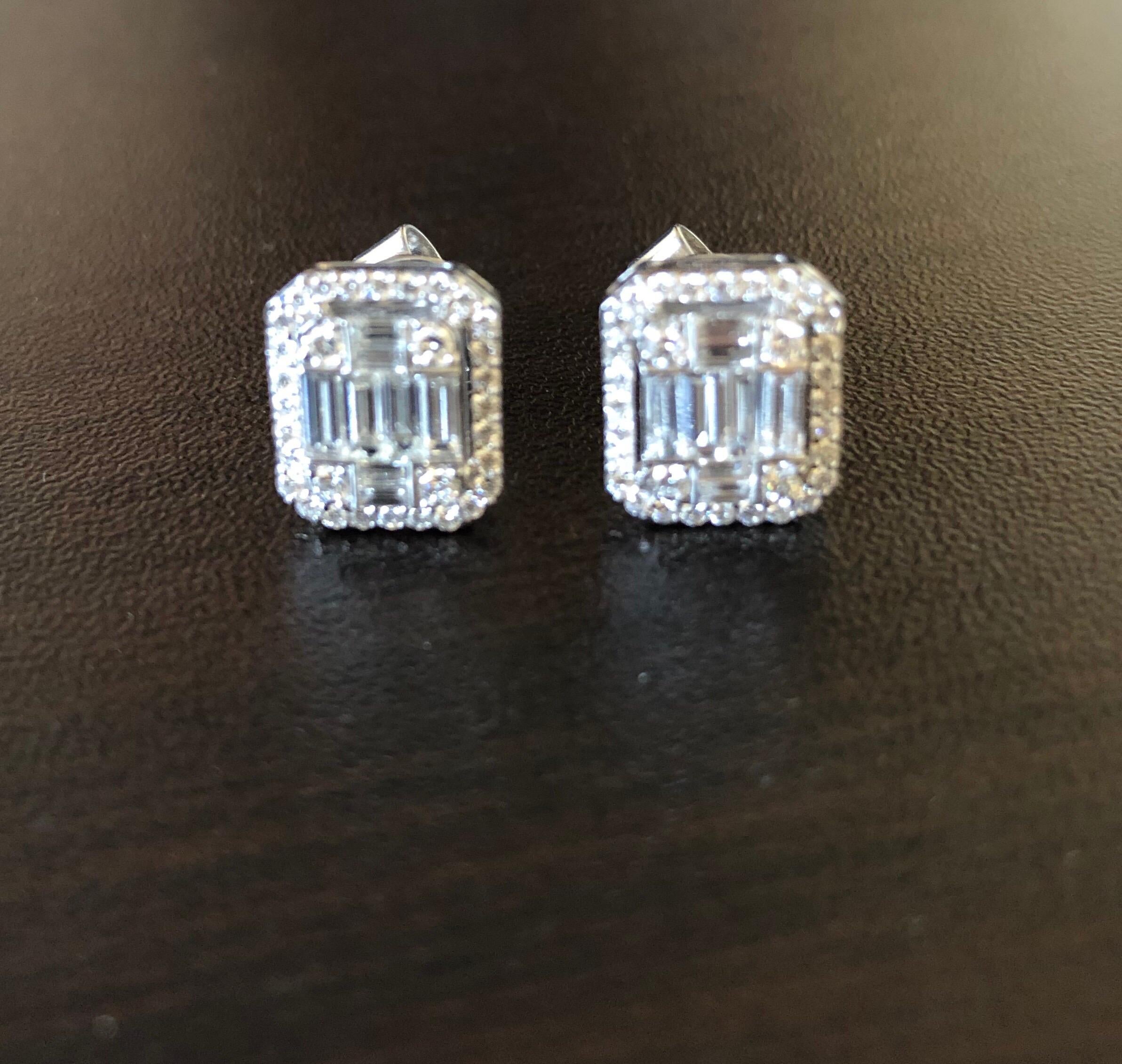 Modern 18 Karat White Emerald Cut Earring with Halo For Sale