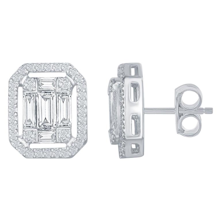 18 Karat White Emerald Cut Earring with Halo For Sale