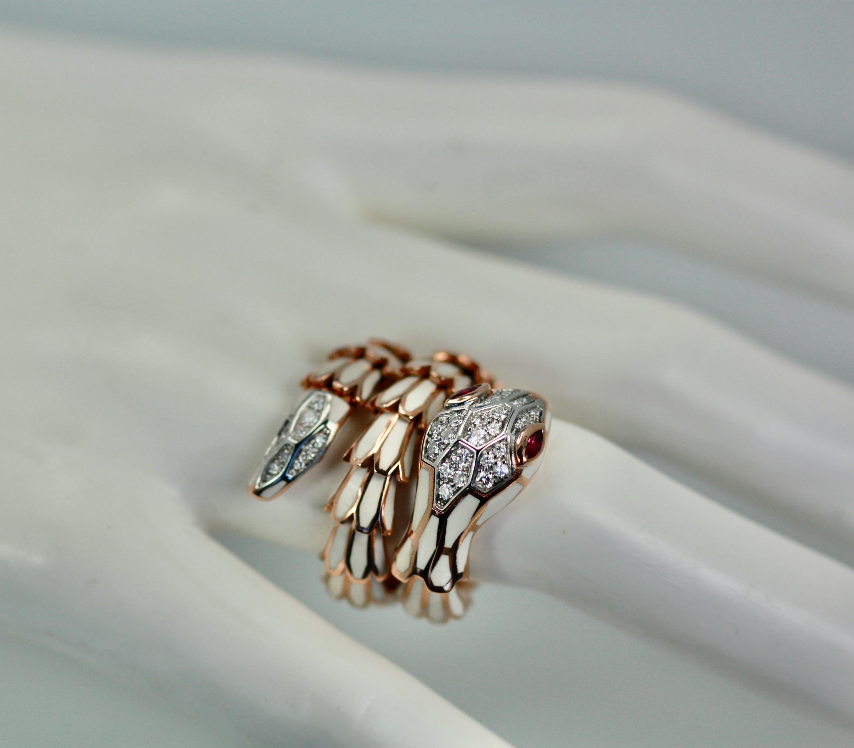 Women's or Men's 18K White Enamel Snake Ring Expandable For Sale