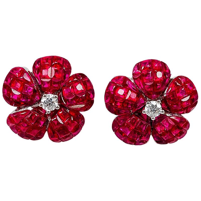 18K White godl Ruby and diamond invisible Stud Earrings