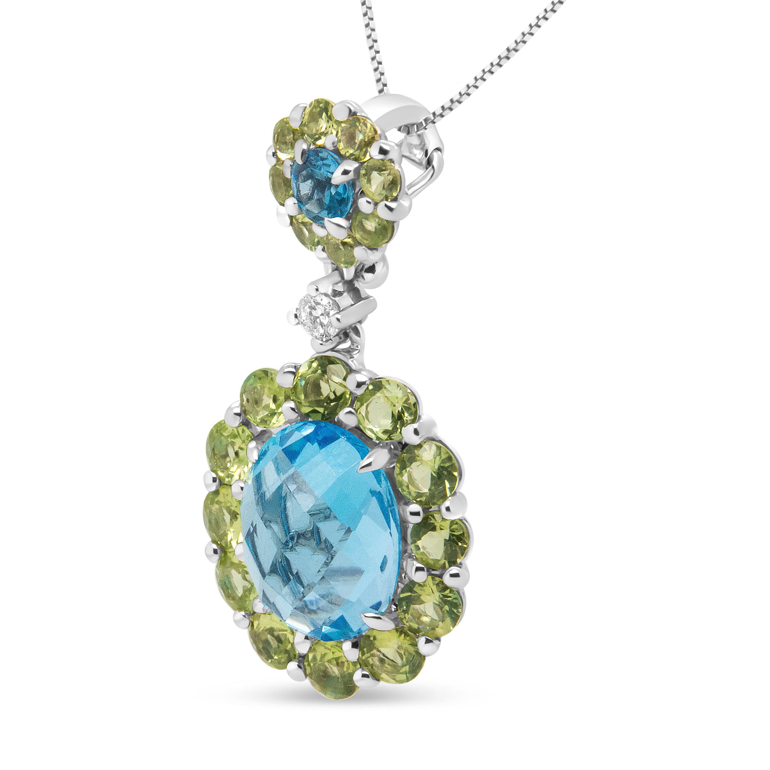 Elegant in its graceful drop design, this pendant necklace sparkles wildly with its collection of diamond and gemstones prong-set into polished 18k white gold. The bail features a center gemstone that is a 3.5mm round blue topaz haled by 2.5mm round