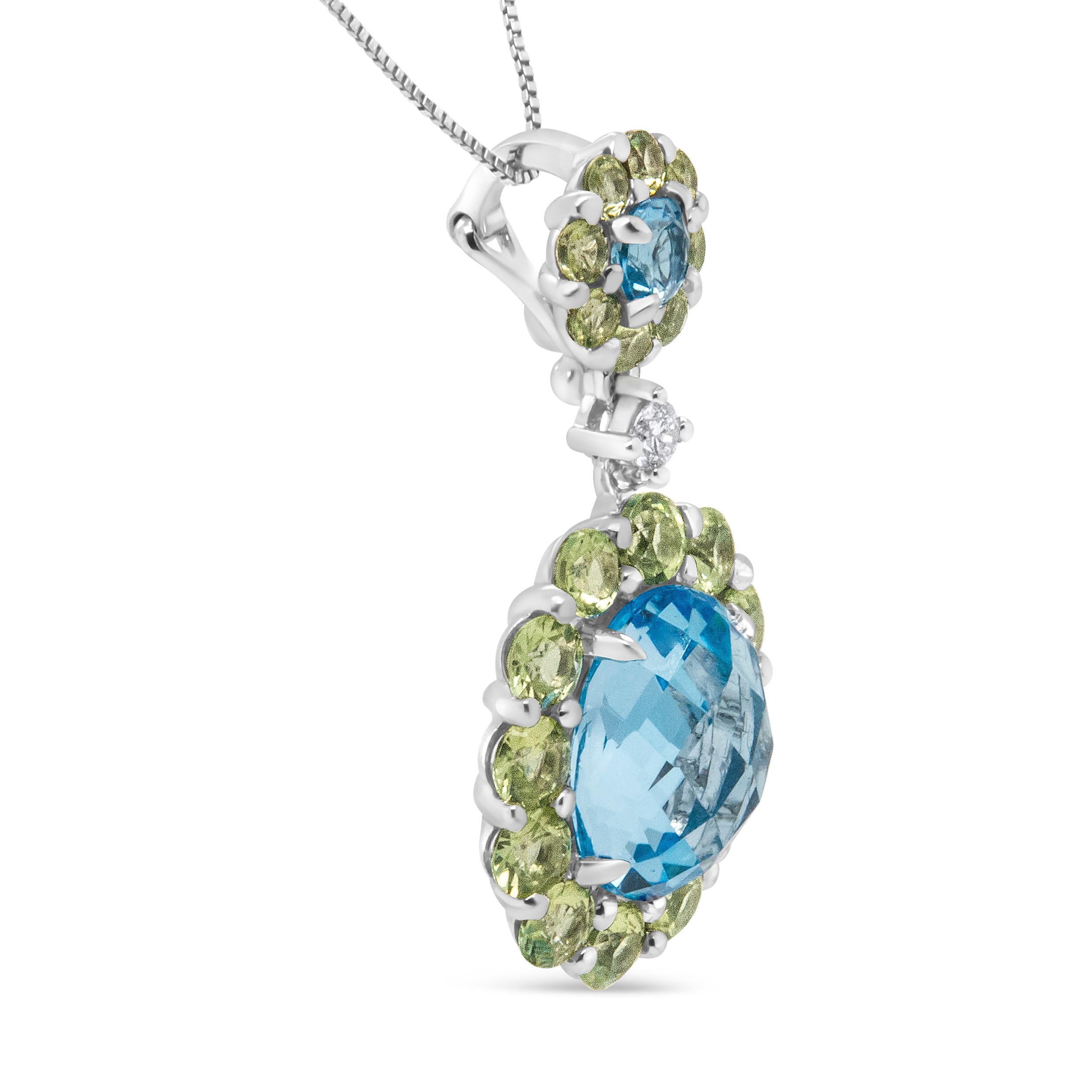 Contemporary 18K White Gold 0.05 Ct Diamond and Blue Topaz and Green Peridot Pendant Necklace For Sale