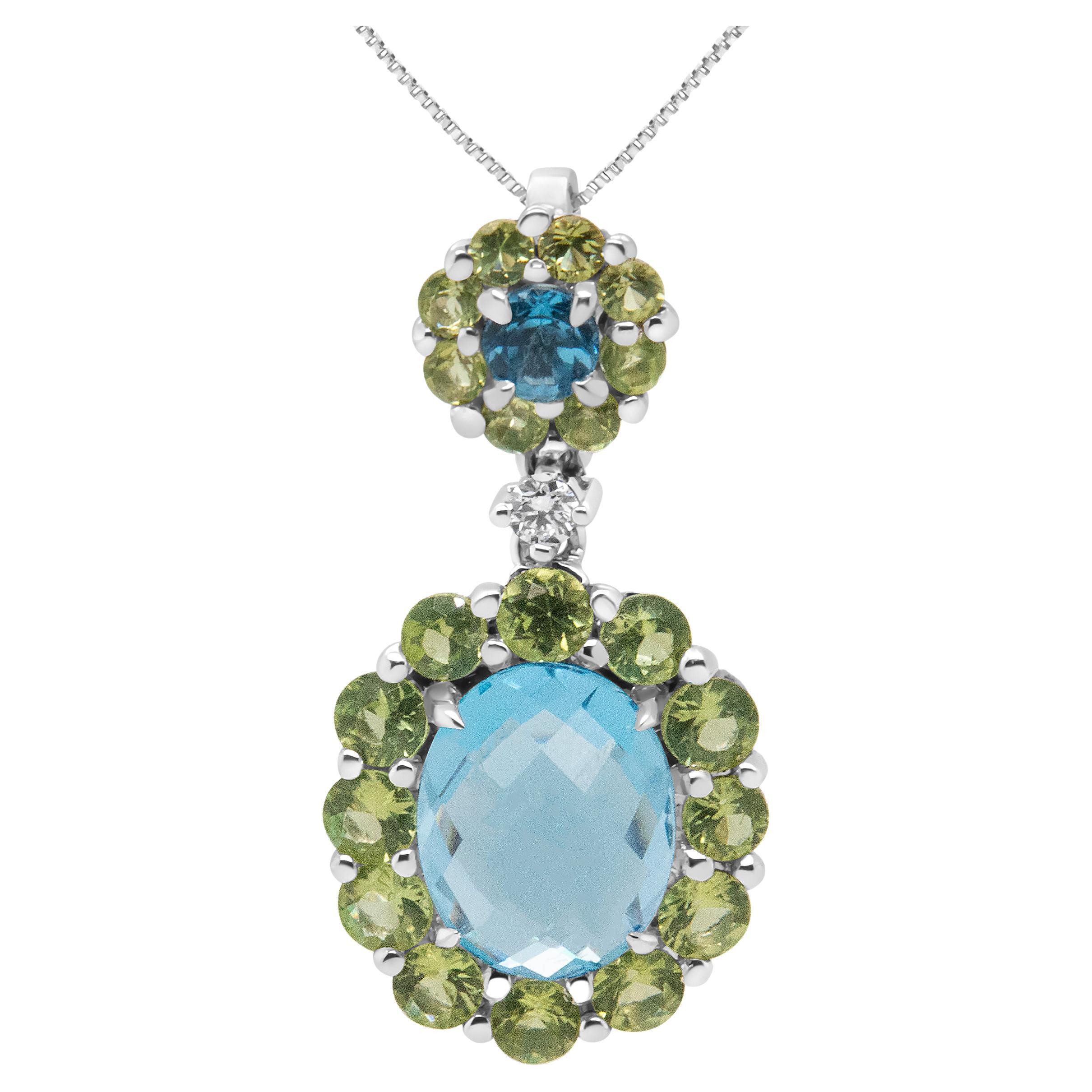 18K White Gold 0.05 Ct Diamond and Blue Topaz and Green Peridot Pendant Necklace