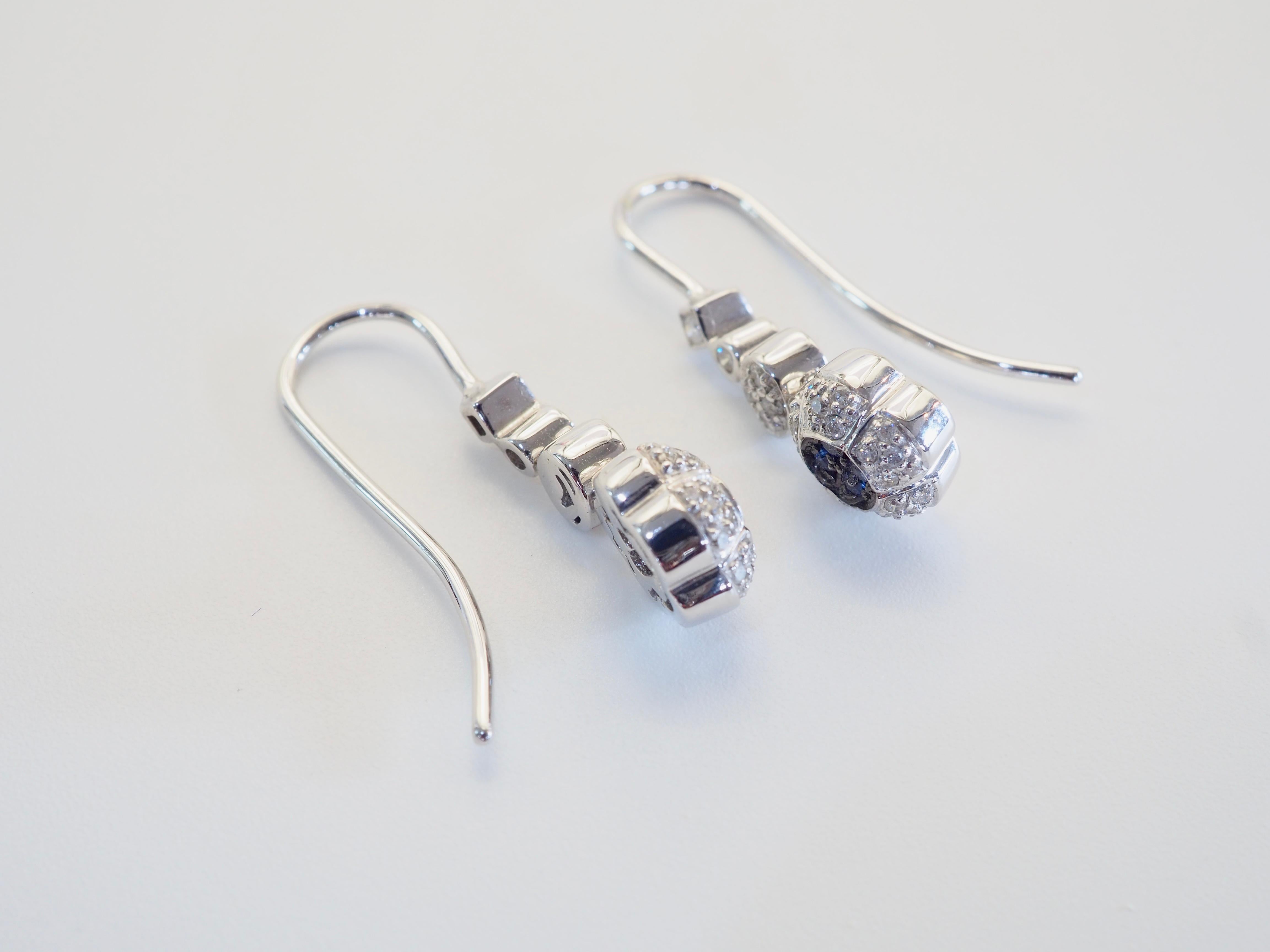 Round Cut 18K White Gold 0.09ct Cluster Blue Sapphire & 0.31ct Diamond Dangle Earrings For Sale