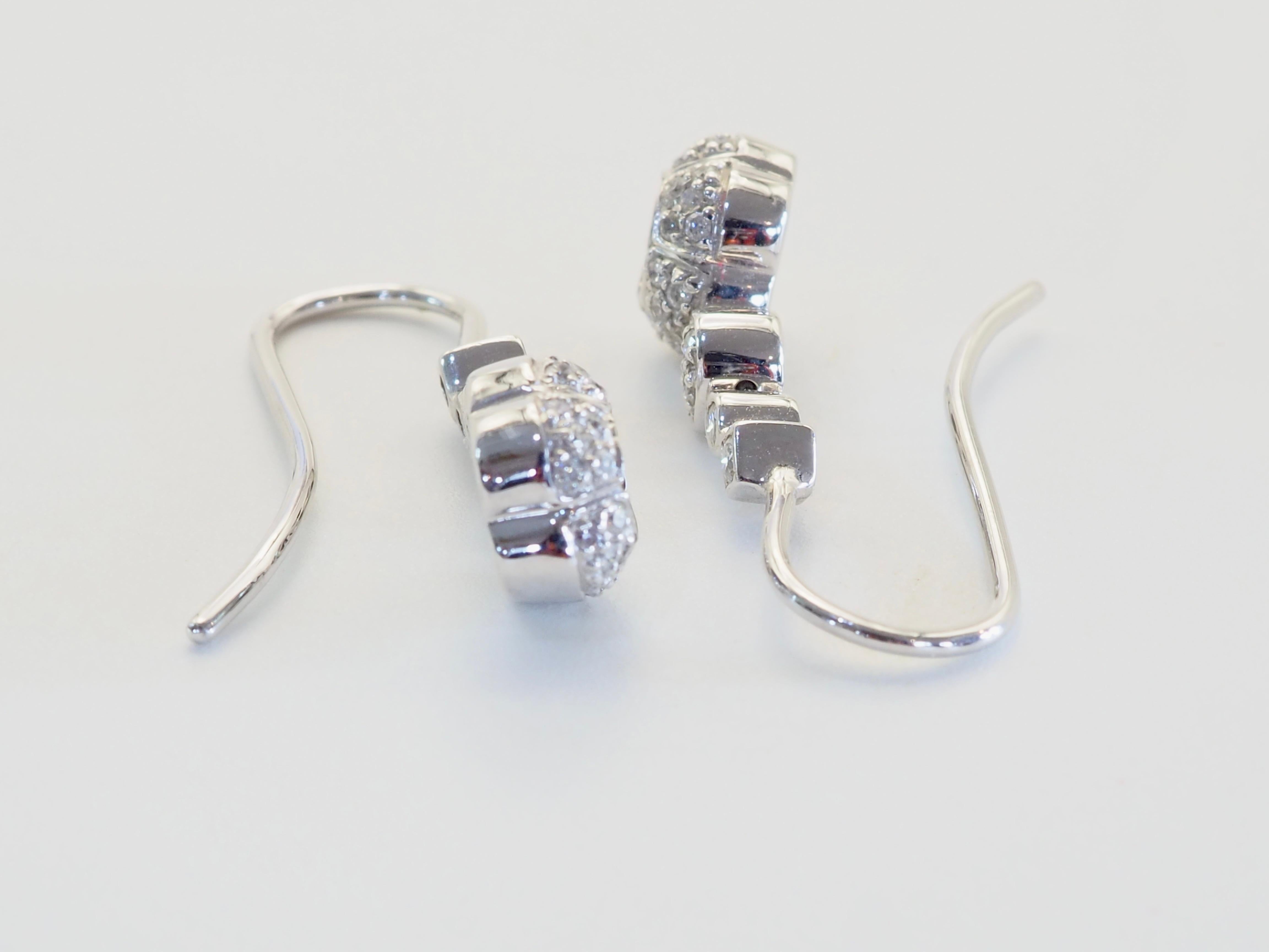 Women's or Men's 18K White Gold 0.09ct Cluster Blue Sapphire & 0.31ct Diamond Dangle Earrings For Sale