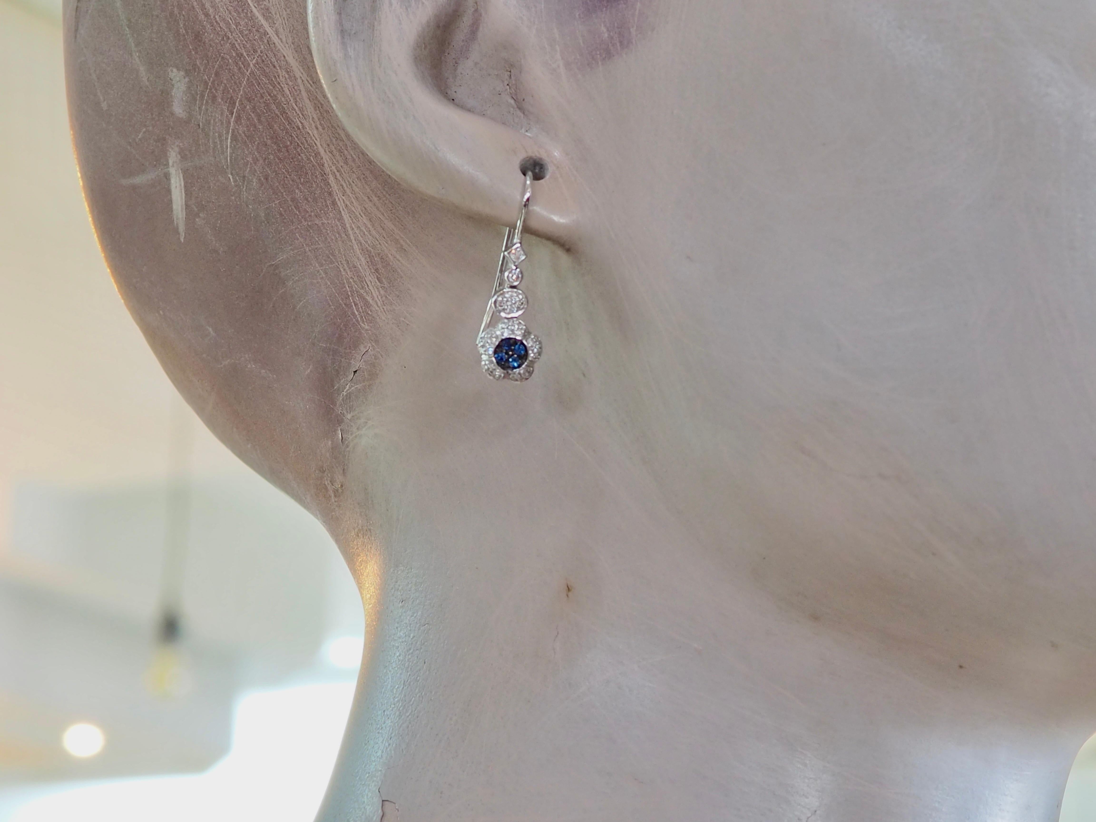 18K White Gold 0.09ct Cluster Blue Sapphire & 0.31ct Diamond Dangle Earrings For Sale 1