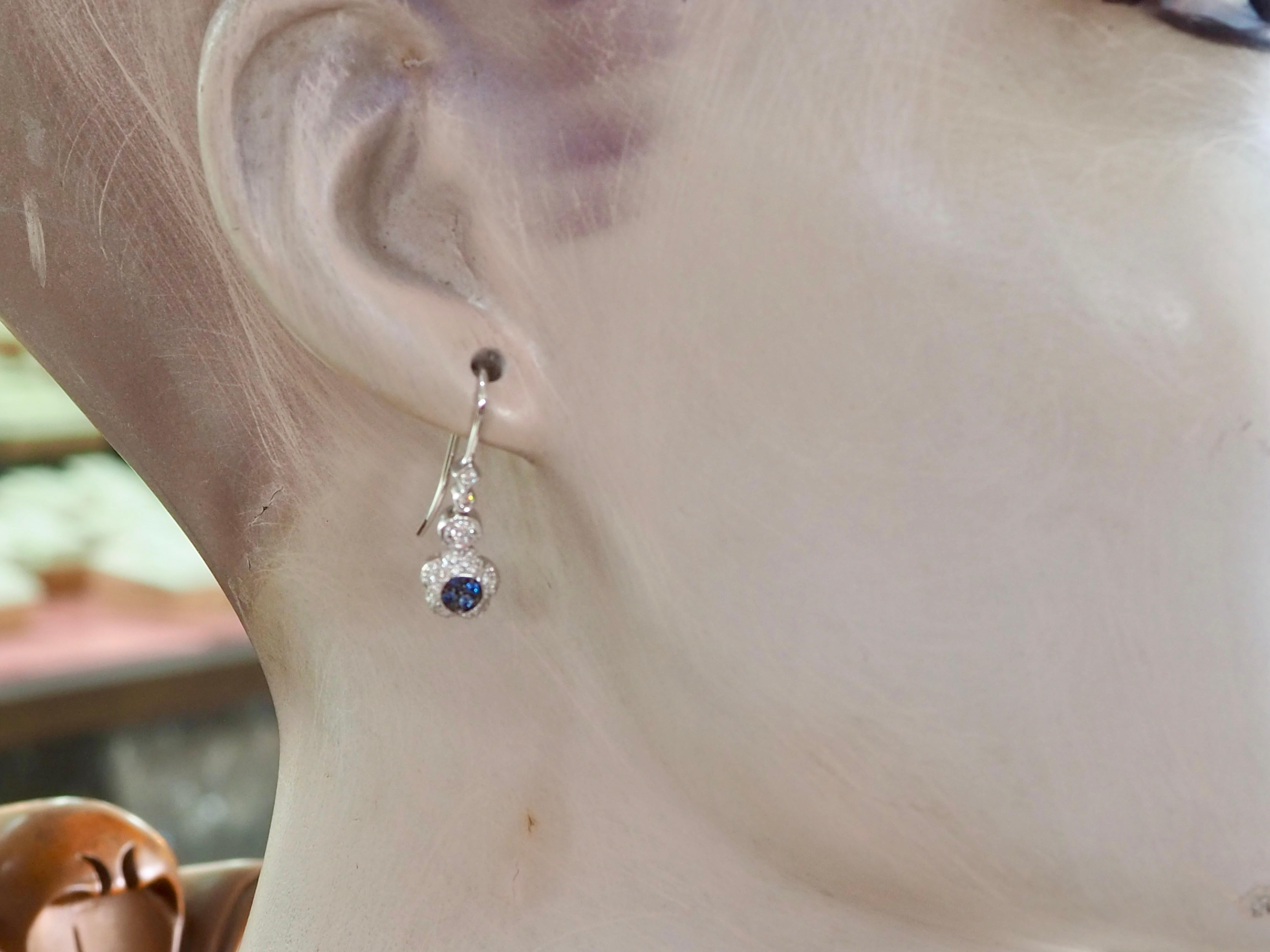 18K White Gold 0.09ct Cluster Blue Sapphire & 0.31ct Diamond Dangle Earrings For Sale 2