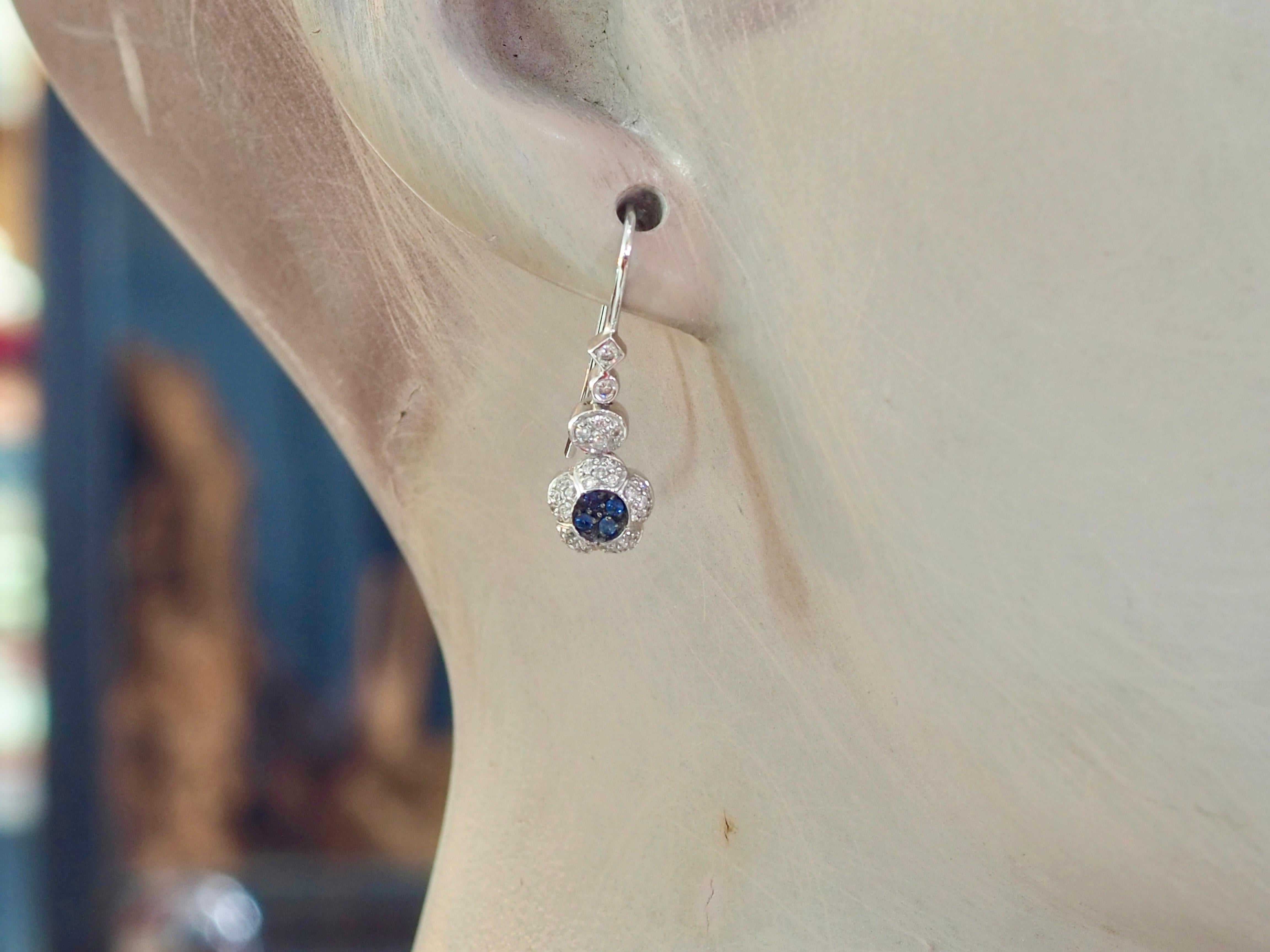 18K White Gold 0.09ct Cluster Blue Sapphire & 0.31ct Diamond Dangle Earrings For Sale 3