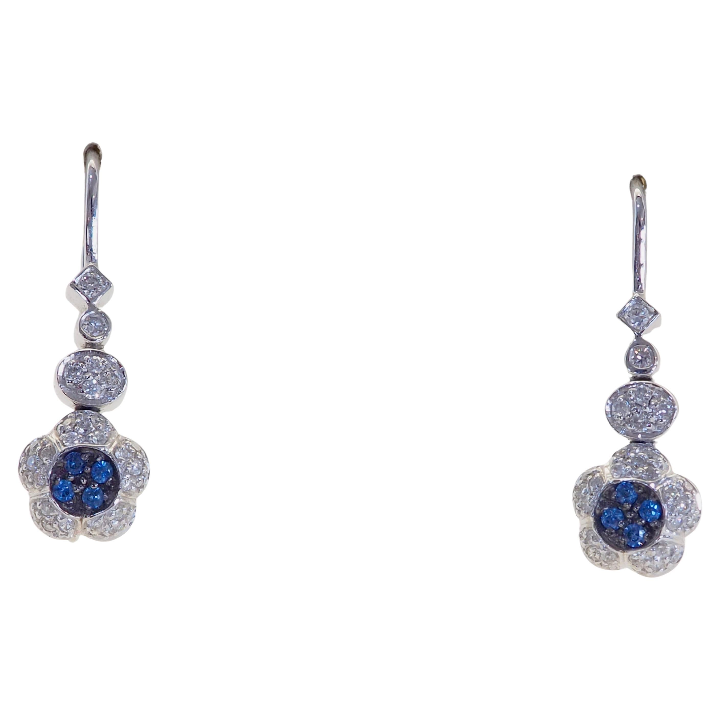 18K White Gold 0.09ct Cluster Blue Sapphire 
0.31ct Diamond Dangle Earrings For Sale