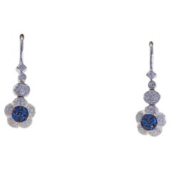 18K White Gold 0.09ct Cluster Blue Sapphire 
0.31ct Diamond Dangle Earrings