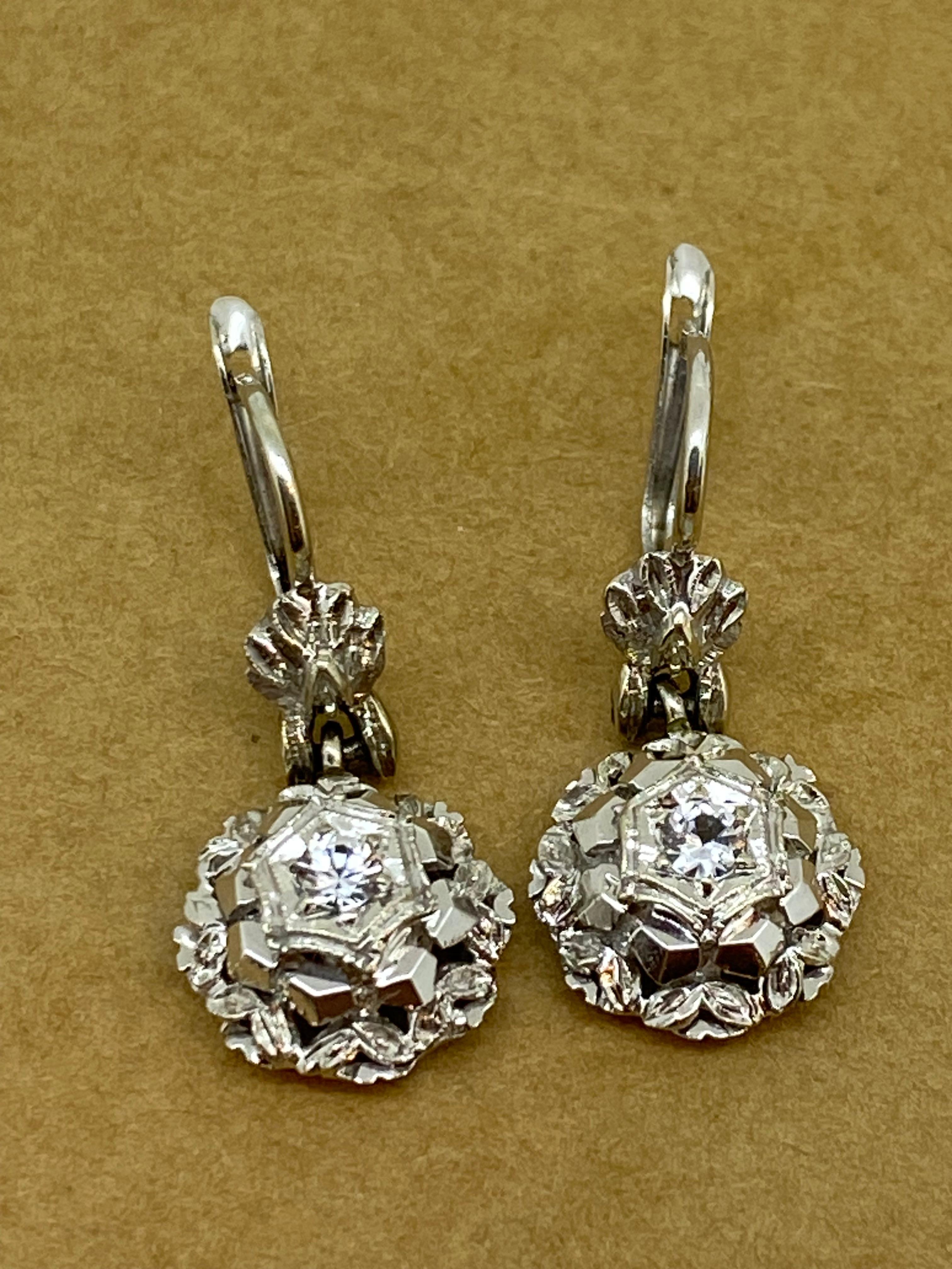 18K White Gold & 0.10ct Diamond Dangle Earrings, English Locks, 28mm long. For Sale 1